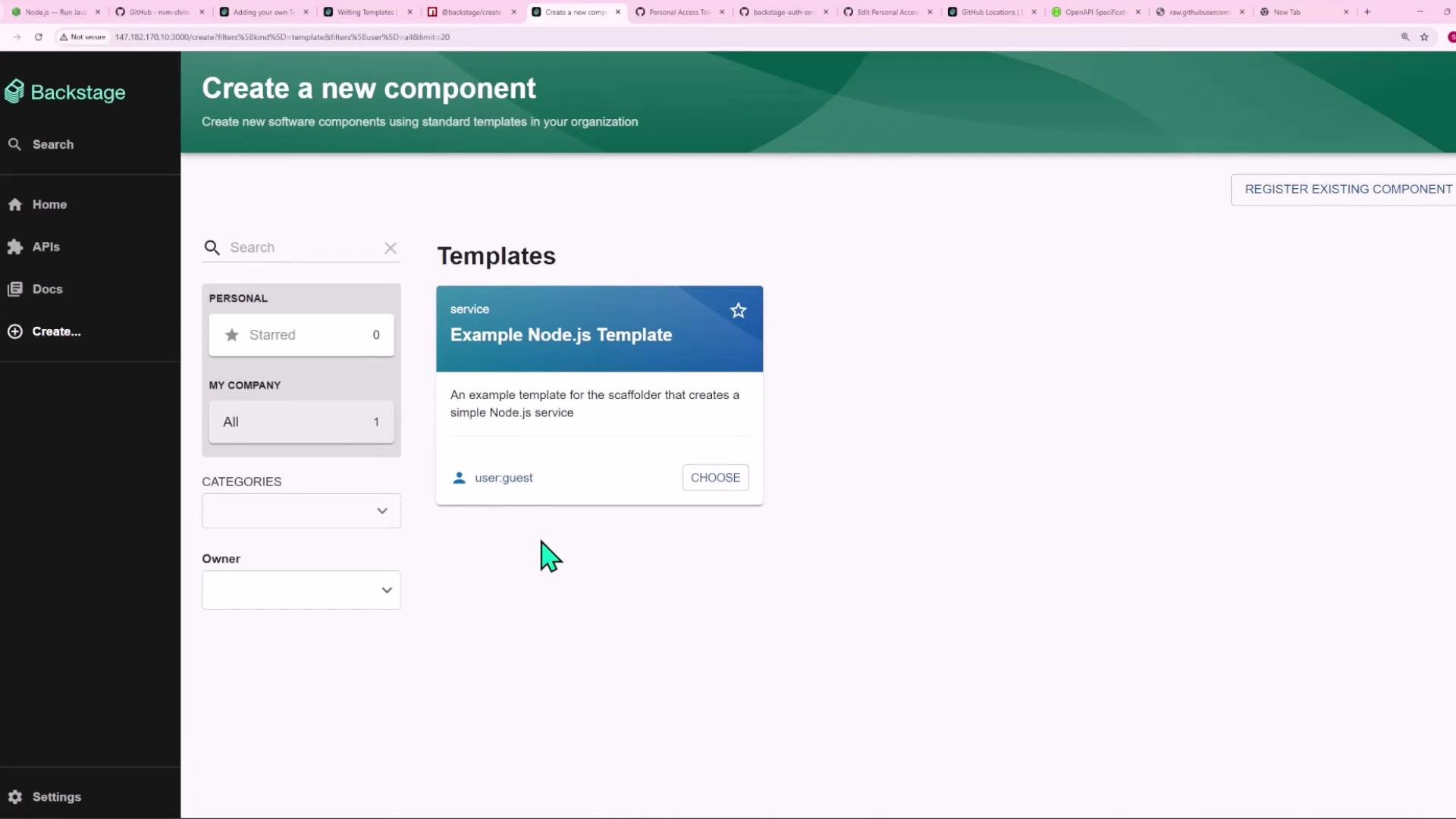 A screenshot of the Backstage "Create a new component" page showing a Templates section with an "Example Node.js Template" card. The left sidebar displays navigation items like Home, APIs, Docs and Create, and a green cursor is visible on the screen.