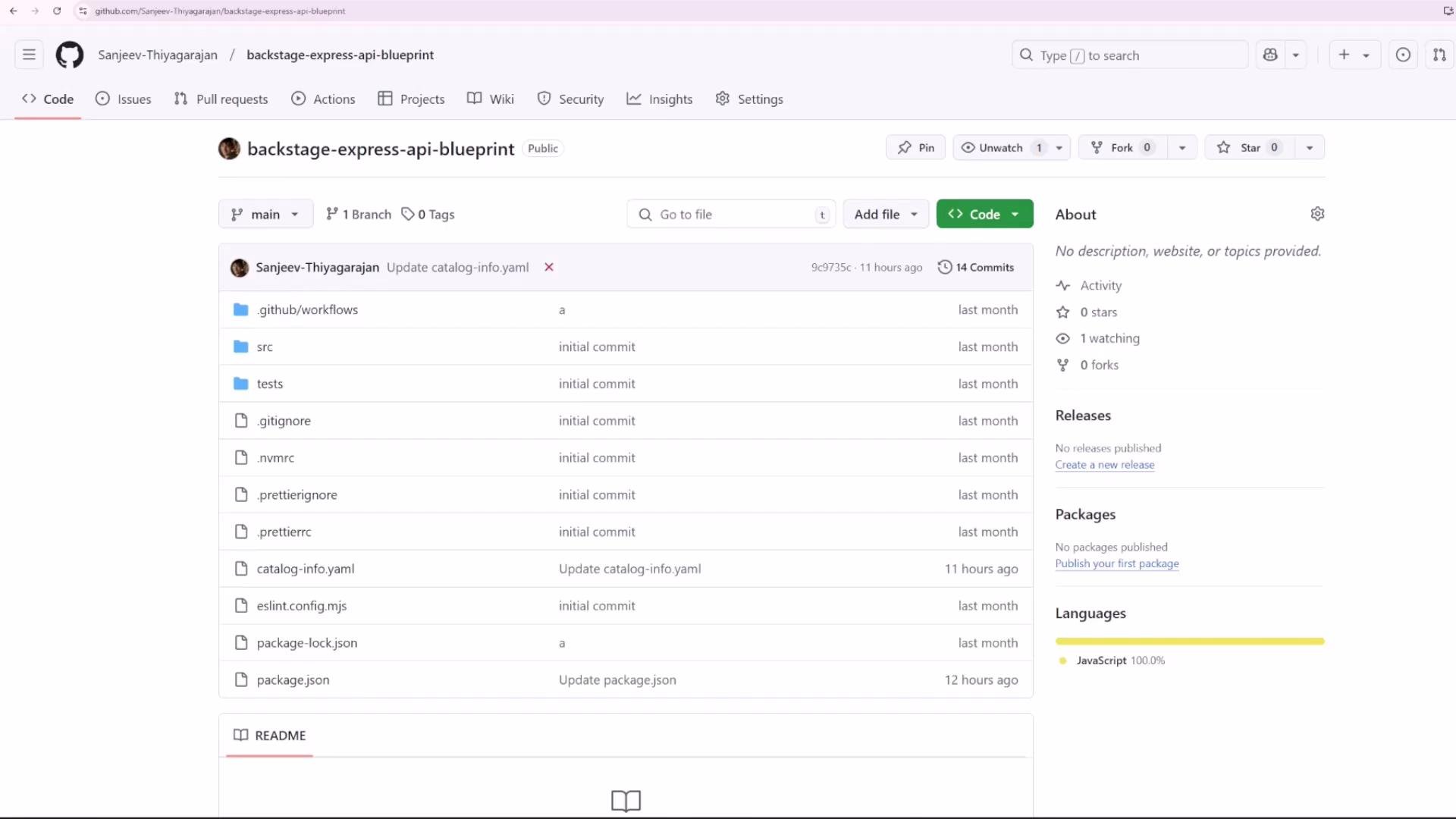 A screenshot of a GitHub repository page for "backstage-express-api-blueprint," showing a list of files and folders (e.g., .github/workflows, src, tests, package.json) and repository details like branches, commits, and language stats.