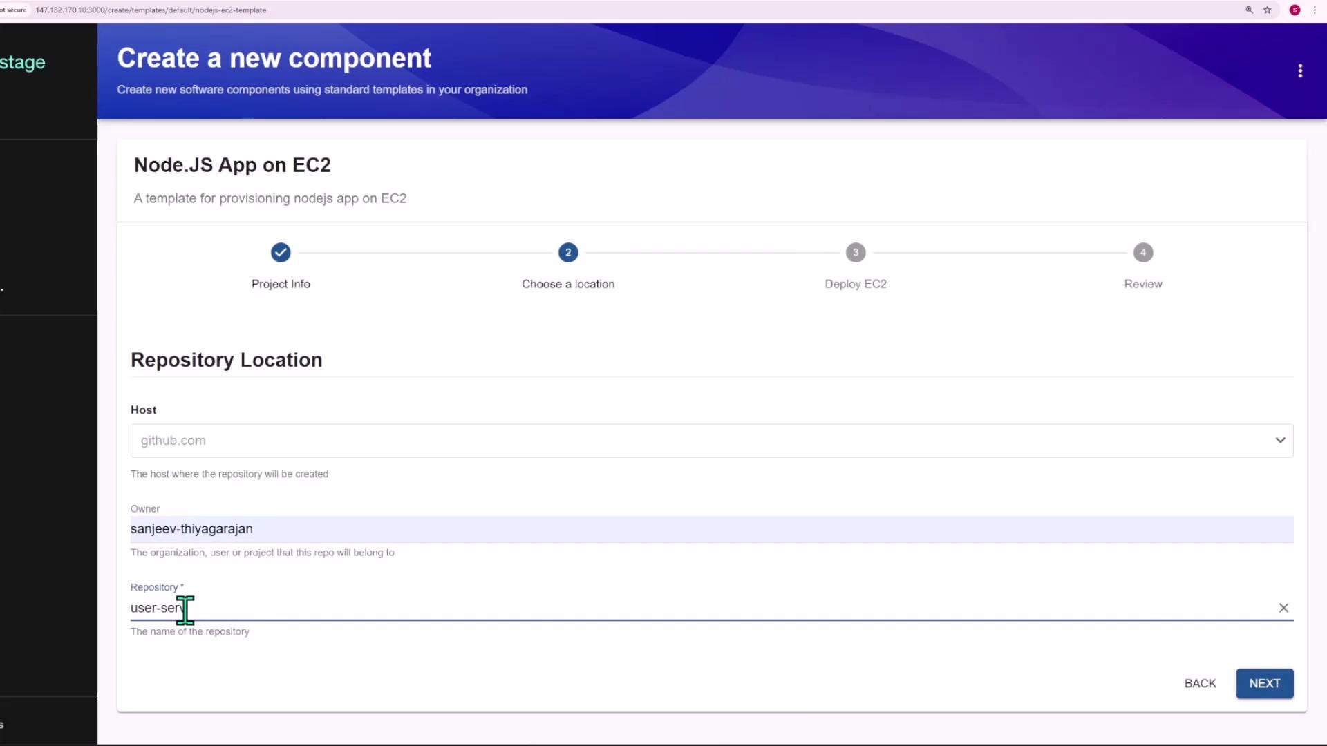 Screenshot of a web interface titled "Create a new component" for a Node.JS App on EC2, showing a multi-step progress bar (Project Info, Choose a location, Deploy EC2, Review). The form displays repository location fields (host, owner, repository name) with Back and Next buttons.
