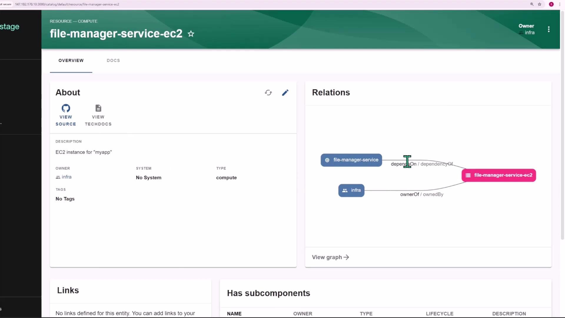 Screenshot of a web dashboard for a resource titled "file-manager-service-ec2." The page shows an About panel (noting "EC2 instance for 'myapp'") and a Relations graph linking the entity to "file-manager-service" and "infra."