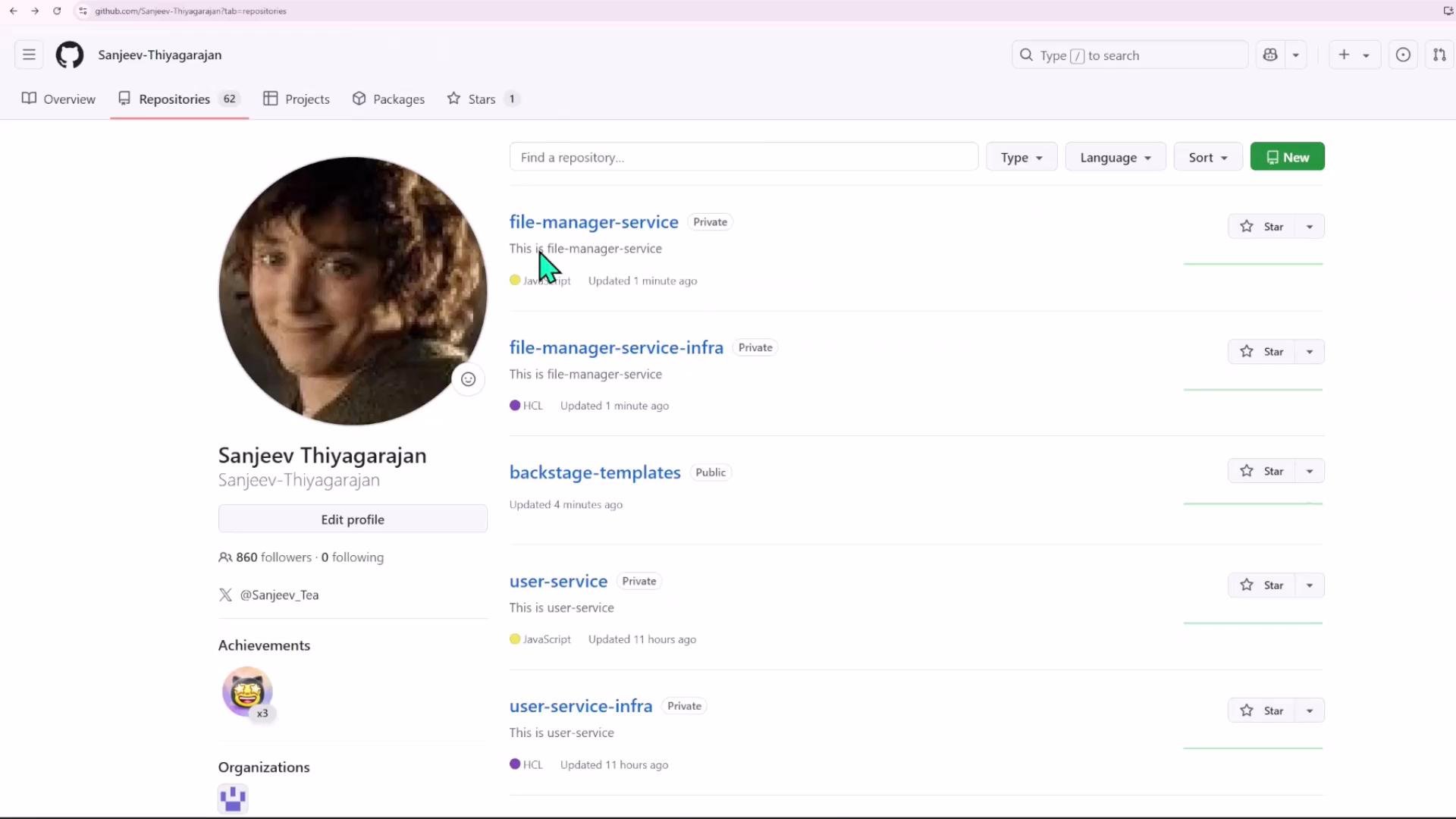 A screenshot of a GitHub profile page for "Sanjeev Thiyagarajan" with a large circular avatar on the left. The right side lists repositories (e.g., file-manager-service, user-service) with language tags, privacy labels, and star buttons.