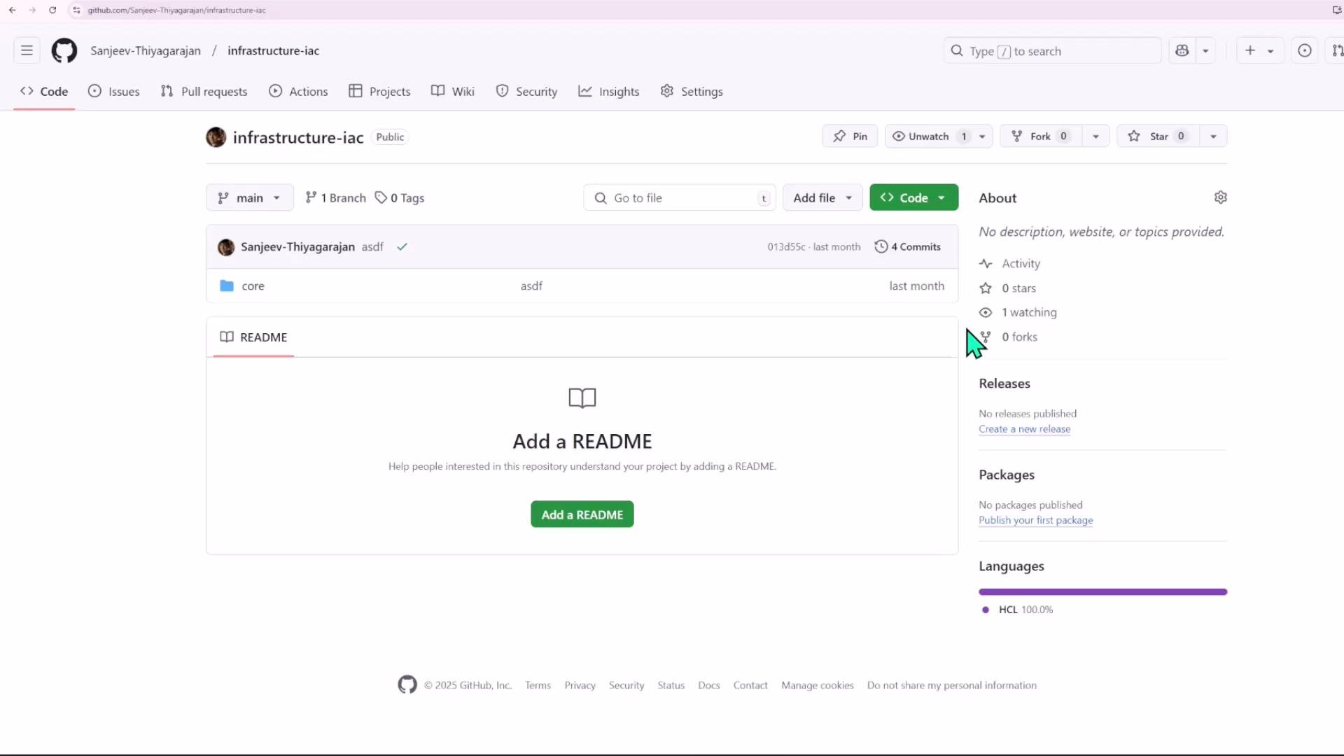 A GitHub repository webpage showing the repo header, branch info, a folder entry, and a large prompt to "Add a README" with a green button. The right sidebar displays repository stats and a language bar (HCL).