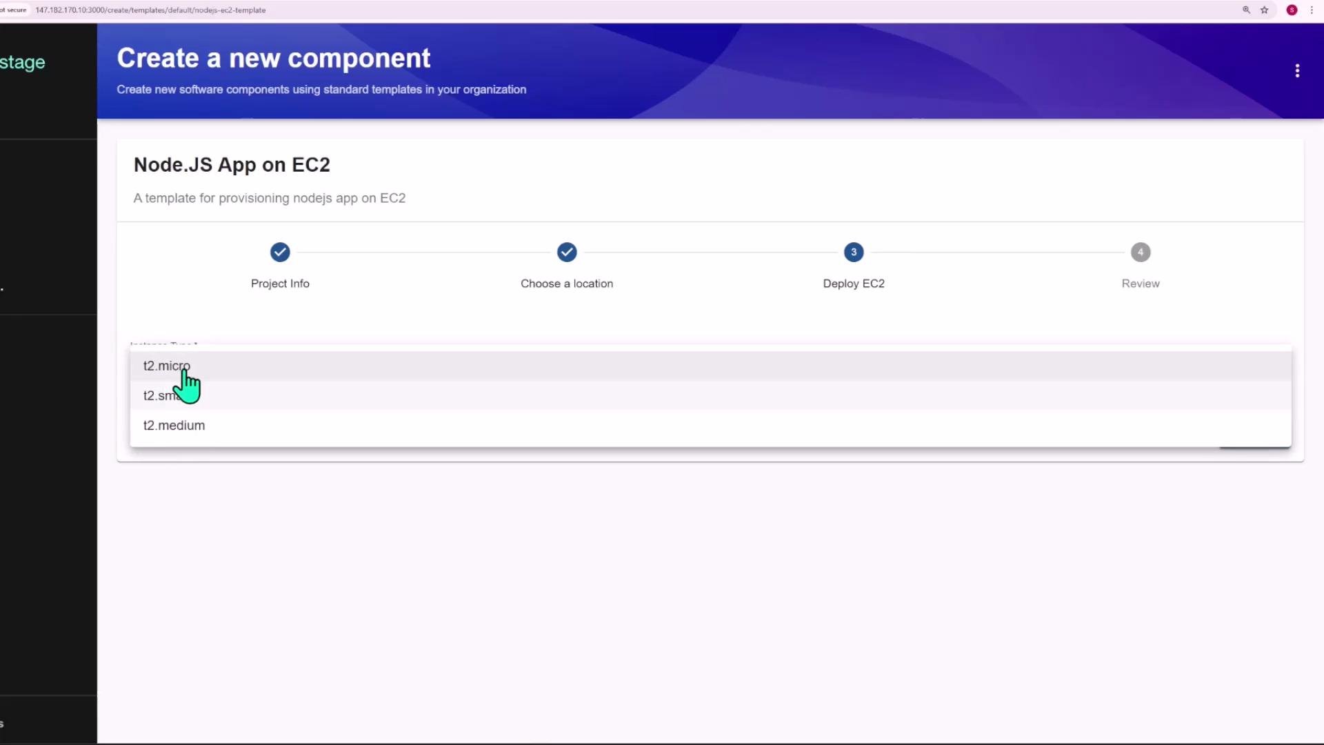 A screenshot of a web UI titled "Create a new component" for provisioning a Node.JS app on EC2, showing progress steps and the "Deploy EC2" step. A dropdown of EC2 instance types is open with "t2.micro" highlighted and a cursor pointing at it.