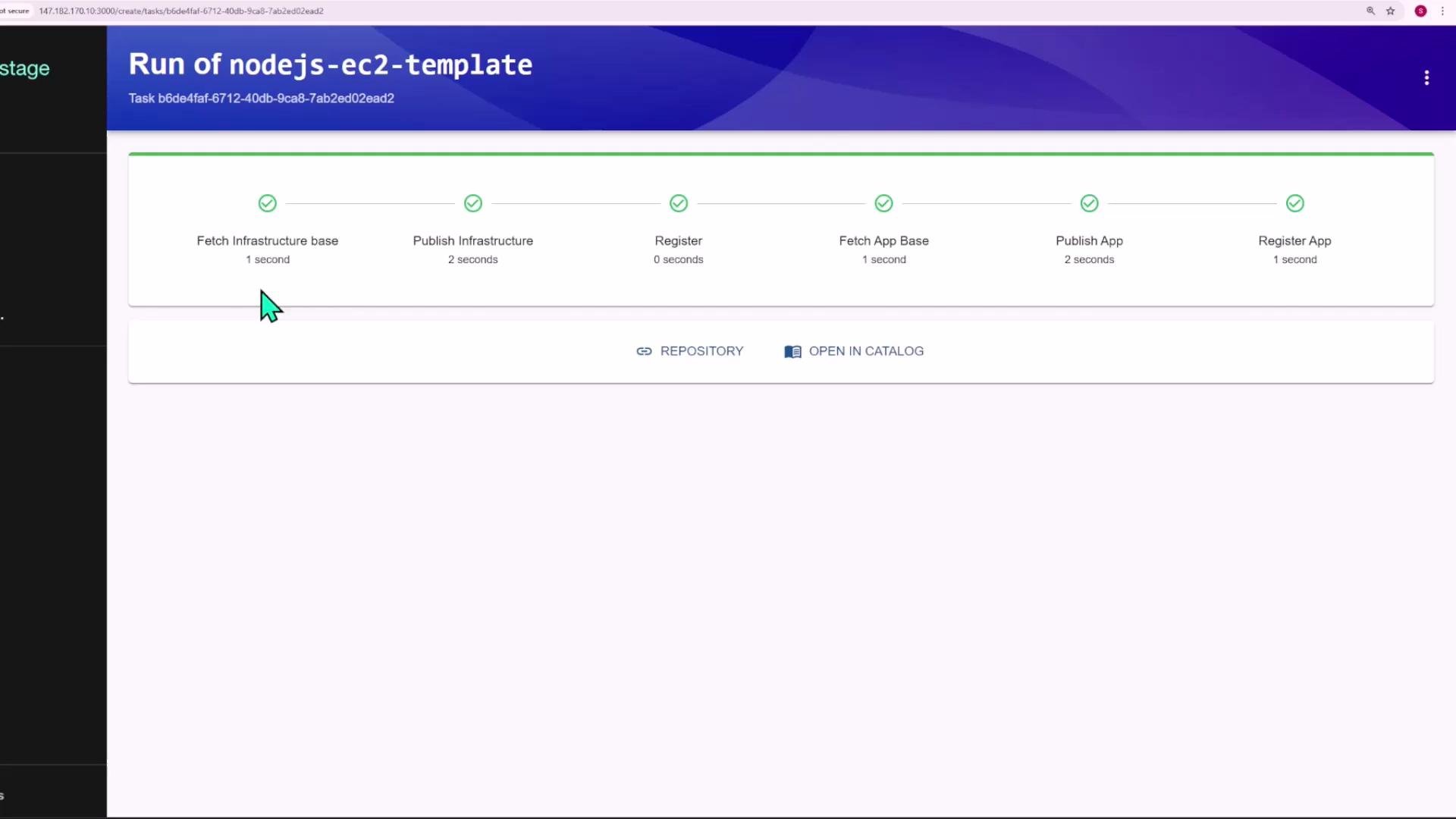 A screenshot of a web dashboard showing a completed "Run of nodejs-ec2-template" with a horizontal progress bar of steps (Fetch Infrastructure base, Publish Infrastructure, Register, Fetch App Base, Publish App, Register App) each marked complete. There are buttons for "Repository" and "Open in Catalog" and a green mouse cursor pointing near the first step.