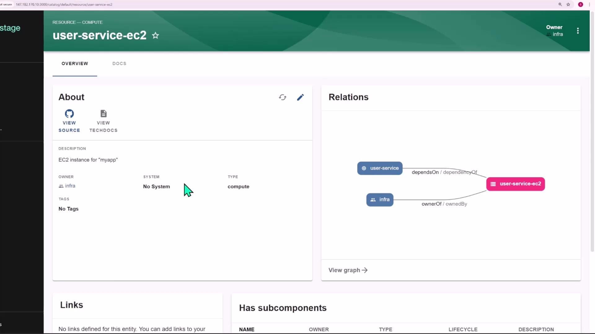 A web dashboard page for a resource named "user-service-ec2" with an About panel describing it as an EC2 instance and links to source/techdocs. The right side shows a Relations graph illustrating dependencies between "user-service", "infra", and "user-service-ec2".