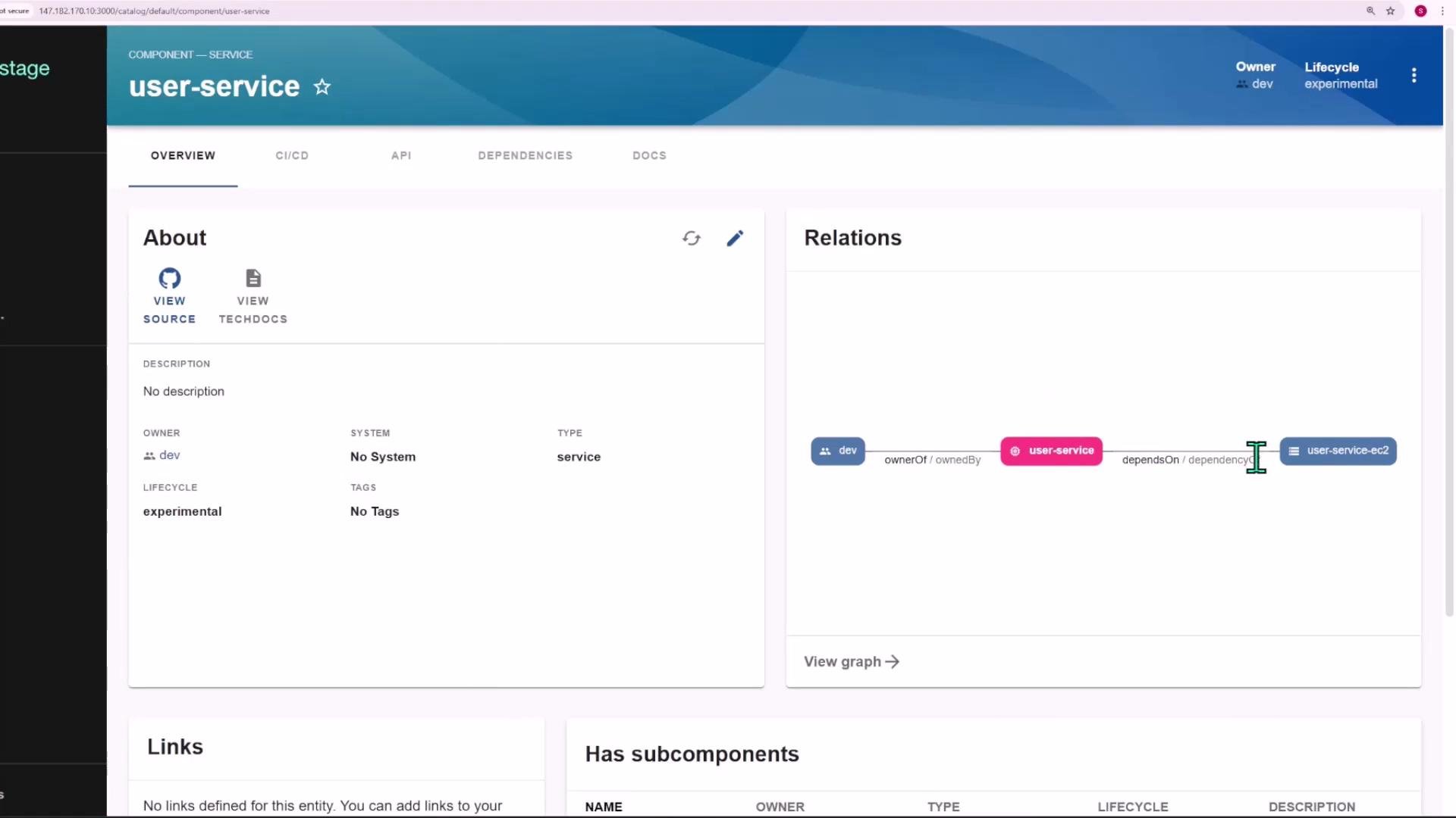 A web dashboard titled "user-service" showing an Overview page with an About panel (owner "dev", lifecycle "experimental") on the left. On the right is a Relations graph linking "dev" to "user-service" and to "user-service-ec2."