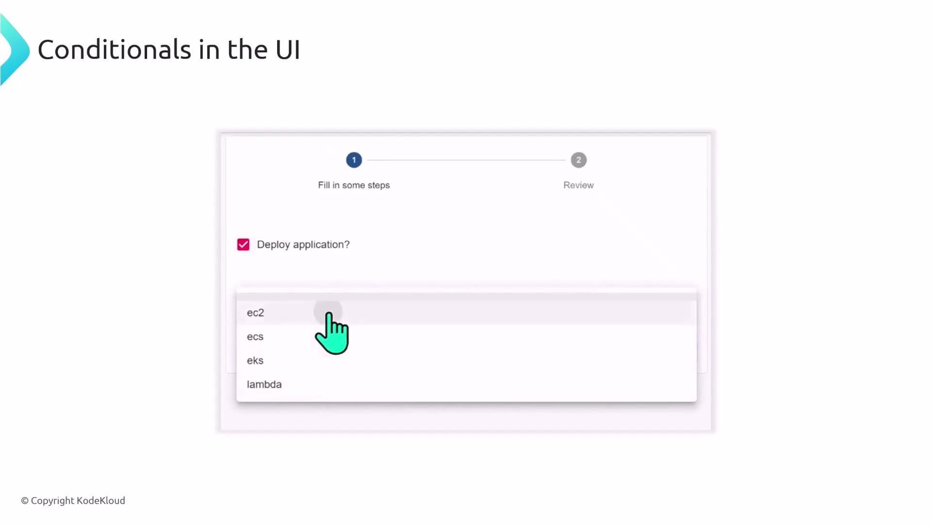 A UI mockup titled "Conditionals in the UI" showing step 1 selected, a checked "Deploy application?" box, and a dropdown of deployment options (ec2, ecs, eks, lambda) with a hand cursor.