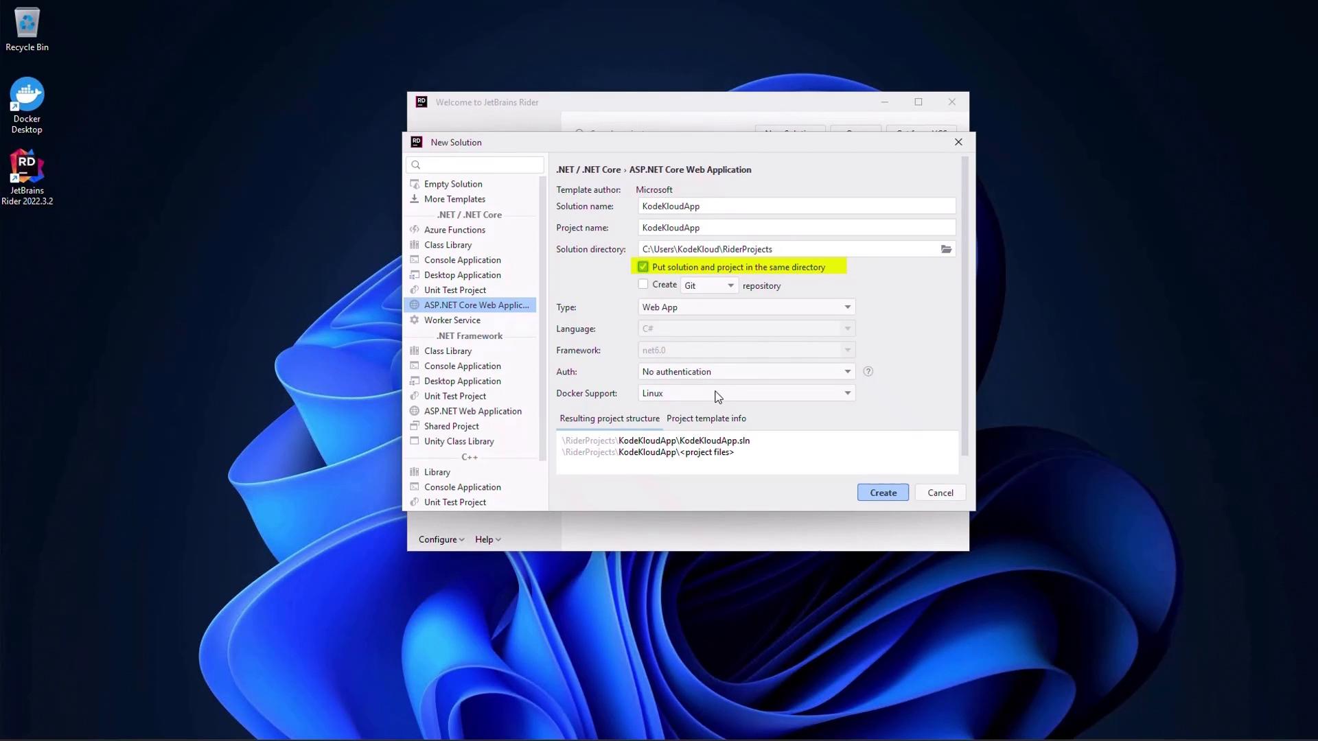 A Windows desktop screenshot showing JetBrains Rider's "New Solution" dialog configured for an ASP.NET Core Web Application, with the "Put solution and project in the same directory" option highlighted. Desktop icons for Recycle Bin, Docker Desktop and JetBrains Rider are visible on the left.