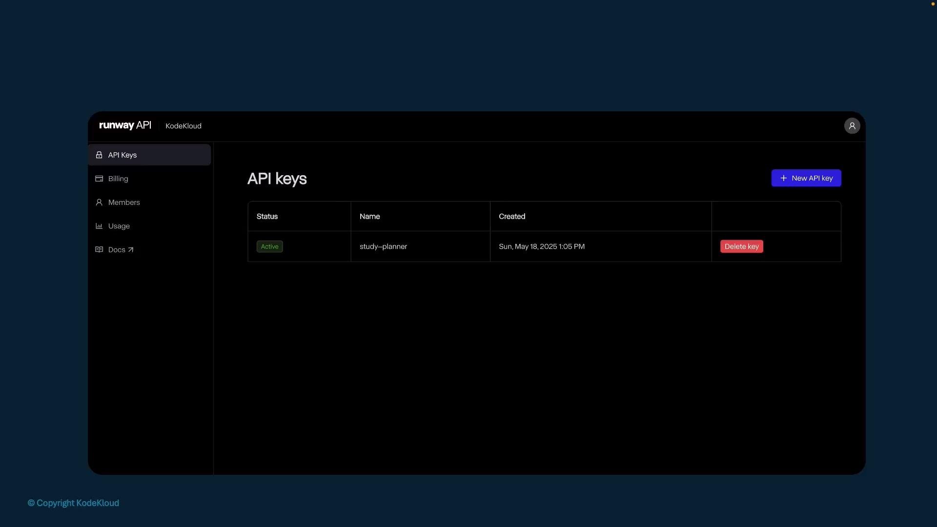 A dark-themed Runway API dashboard showing the "API keys" page with one active key named "study-planner" (created May 18, 2025) and buttons to create a new key or delete the existing one.