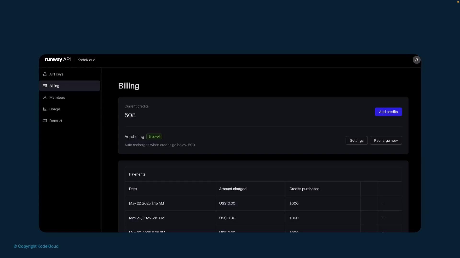 A dark-themed "Billing" dashboard (Runway API / KodeKloud) showing current credits (508), autobilling enabled, and a payments table with recent transactions. The left sidebar displays navigation items like API Keys, Billing, Members, and Usage.