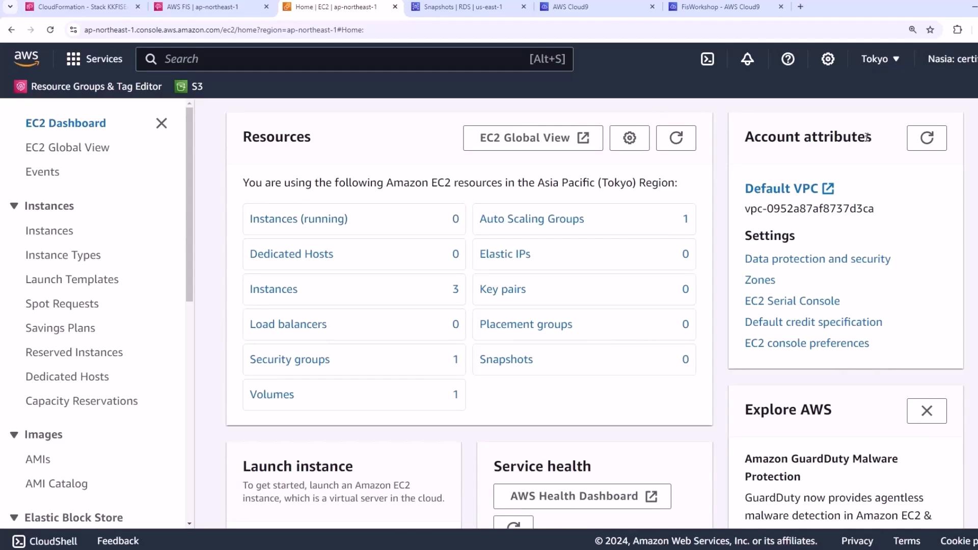 A screenshot of the AWS EC2 console (Asia Pacific — Tokyo) showing the Resources panel with counts for instances, volumes, security groups, Auto Scaling Groups, and related items. The left navigation menu and an Account attributes box (showing a Default VPC) are also visible.