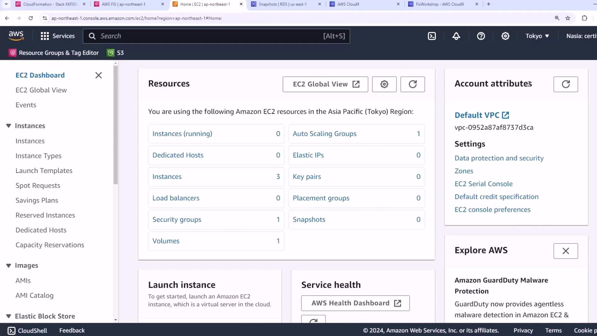 A screenshot of the AWS EC2 console (Asia Pacific — Tokyo) showing the Resources panel with counts for instances, volumes, security groups, Auto Scaling Groups, and related items. The left navigation menu and an Account attributes box (showing a Default VPC) are also visible.