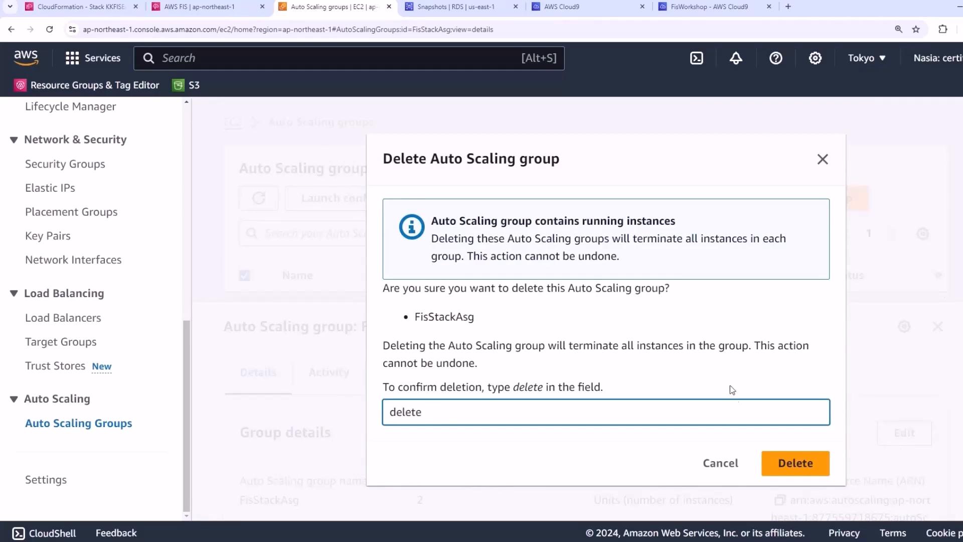 A screenshot of the AWS EC2 console showing a "Delete Auto Scaling group" confirmation dialog that warns the group contains running instances and will terminate them. The dialog asks you to type "delete" to confirm and shows Cancel and Delete buttons.