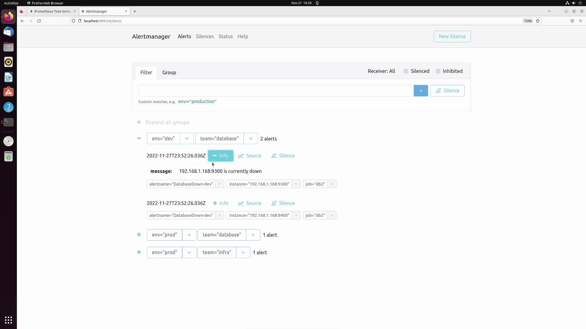 The image shows the Alertmanager interface displaying two alerts related to a database environment being down, accessible via a web browser on a Linux system.