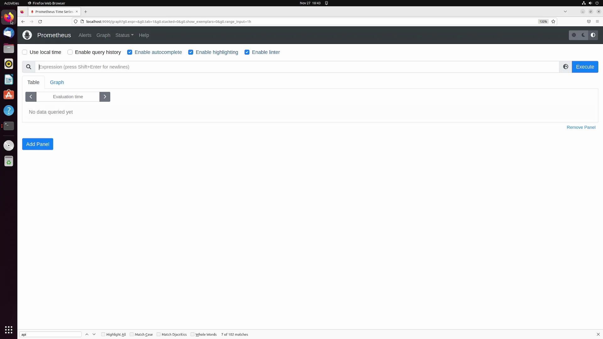 The image shows a Prometheus web interface open in a Firefox browser, with fields for entering and executing expressions, but no data queried yet. The interface is displayed on a Linux desktop environment.