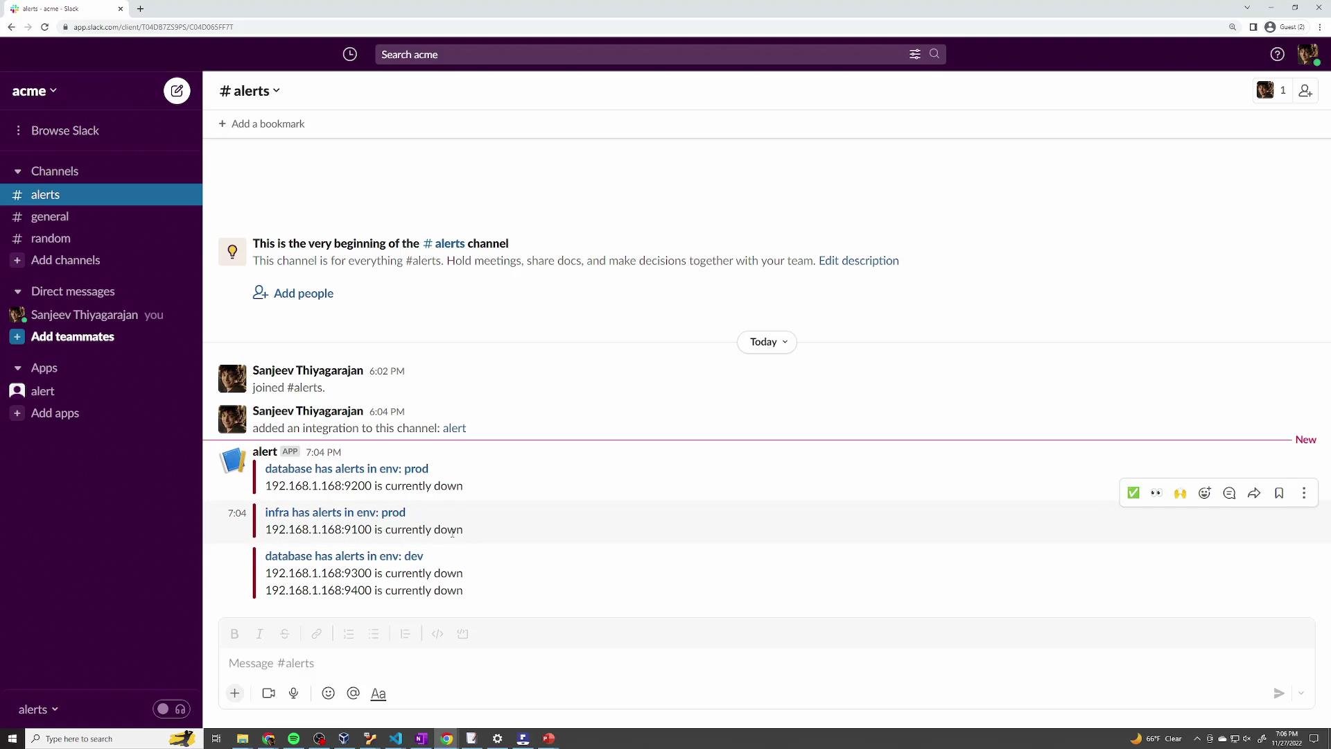 The image shows a Slack workspace channel titled "#alerts" with messages indicating server downtime alerts for different environments. The sidebar lists channels and options for managing Slack activities.