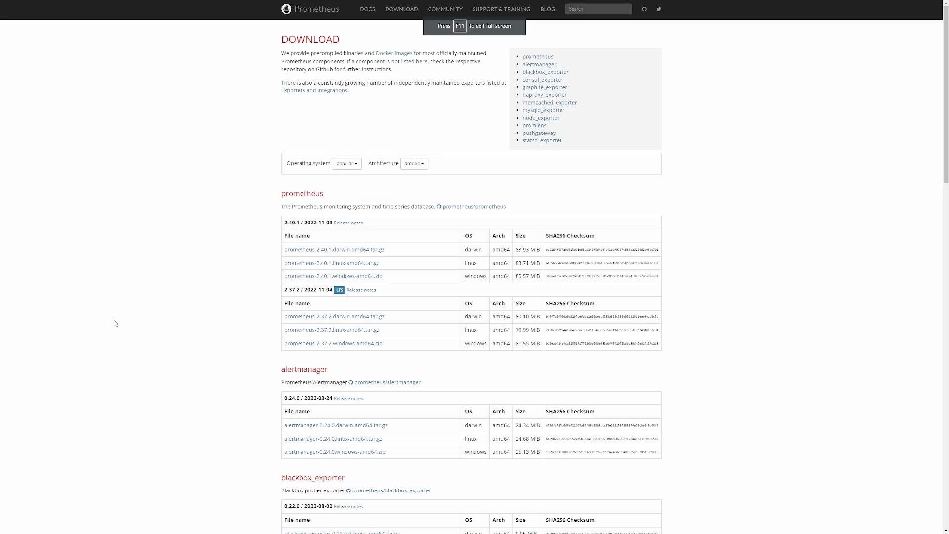 The image displays a download page for Prometheus, showing downloadable files for different components like Prometheus, Alertmanager, and Blackbox Exporter, with details such as version, operating system, architecture, and file size.