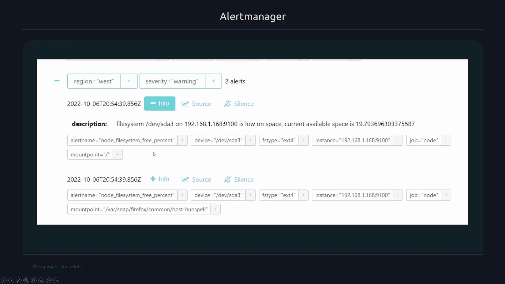 The image shows an Alertmanager dashboard displaying two filesystem alerts with a "warning" severity for low space on a specified device.