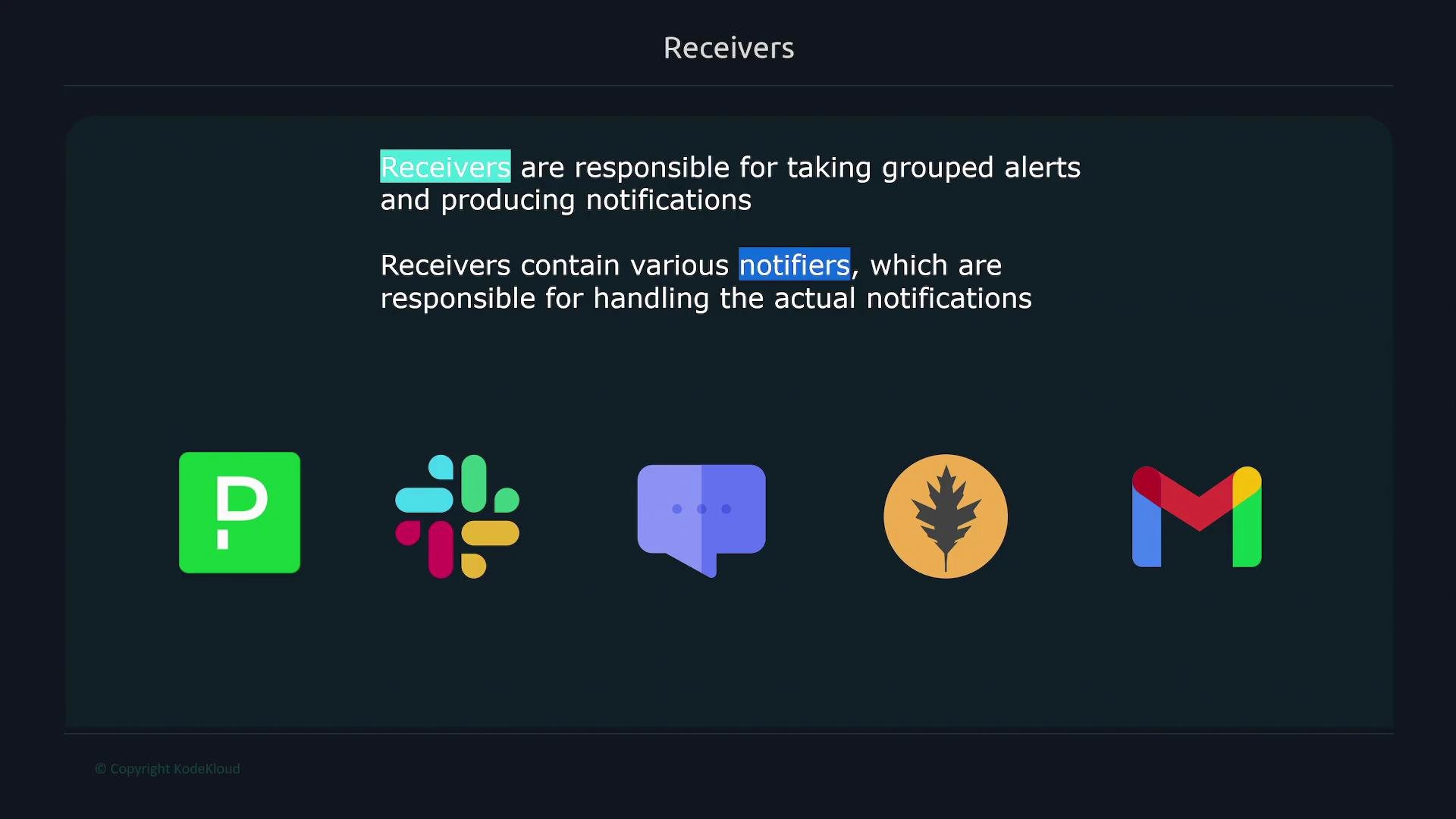 The image explains that receivers are responsible for taking grouped alerts and producing notifications, and it shows icons of notification services like Slack and Gmail.