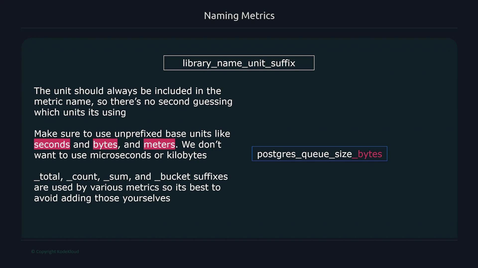 The image provides guidelines on naming metrics, emphasizing the inclusion of units like seconds and bytes, using a structure like library_name_unit_suffix.