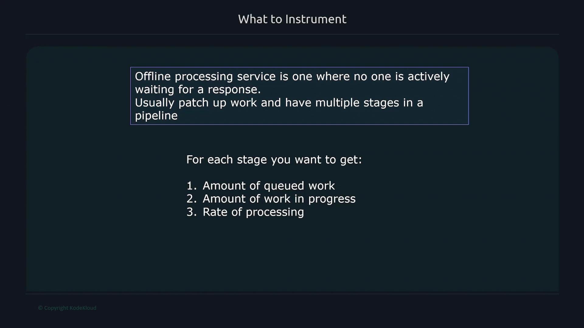 The image explains offline processing services, noting they're not actively monitored, and stages involve measuring queued work, work in progress, and processing rate.