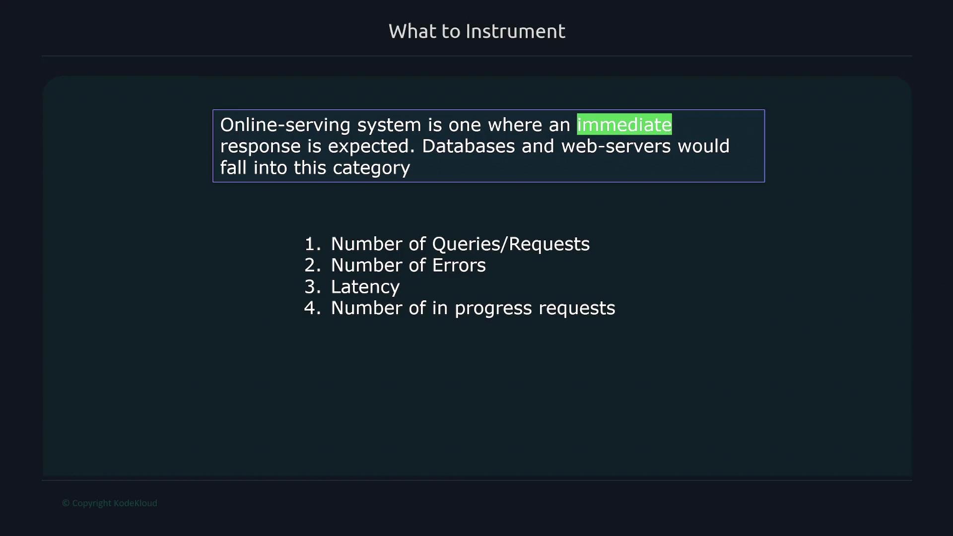 The image is a slide about online-serving systems, highlighting the expectation of immediate responses and including metrics like the number of queries, errors, latency, and ongoing requests.