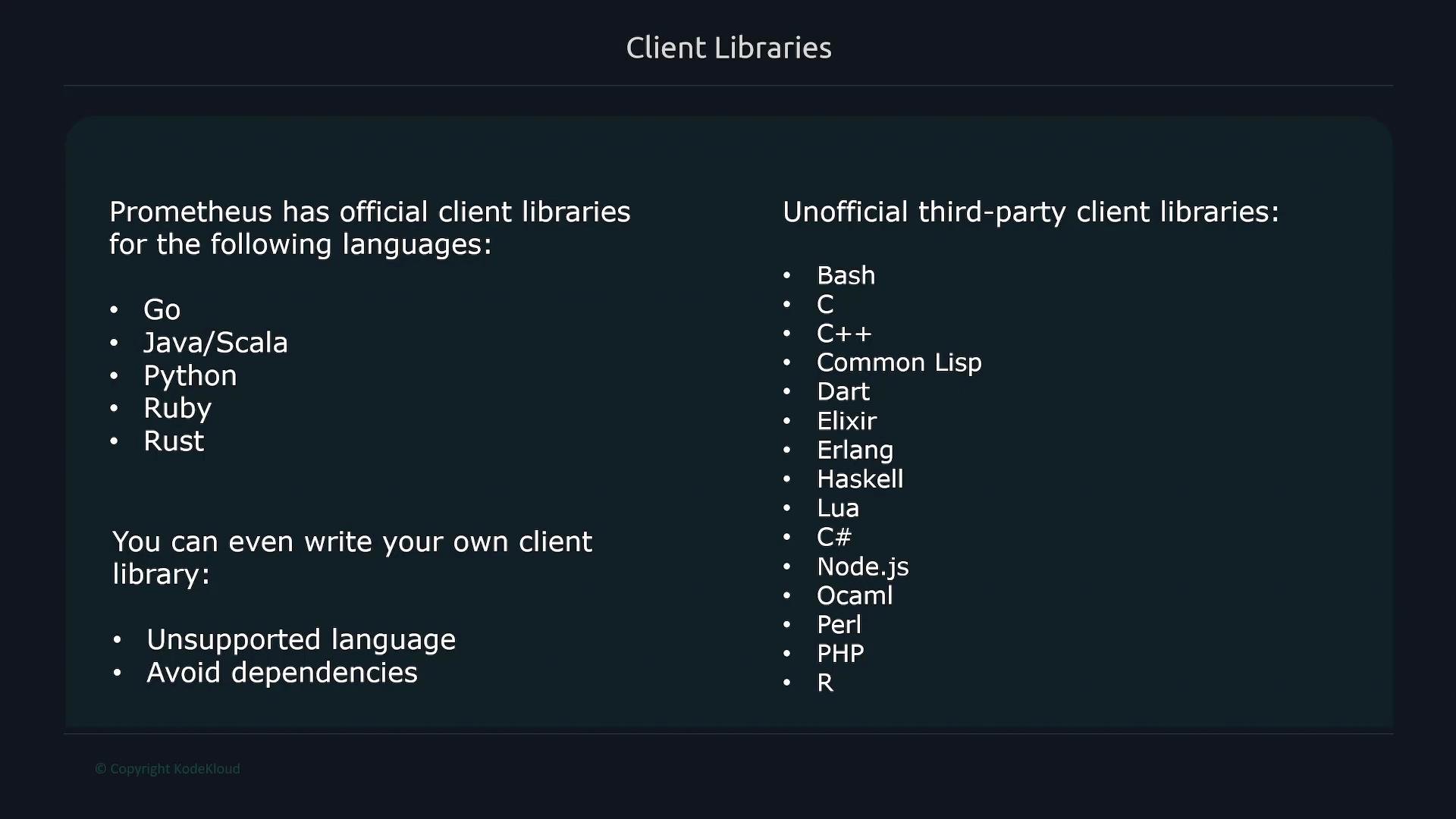 The image lists official and unofficial client libraries for Prometheus. Official libraries are for Go, Java/Scala, Python, Ruby, and unofficial ones include languages like Bash, C++, Dart, and more.