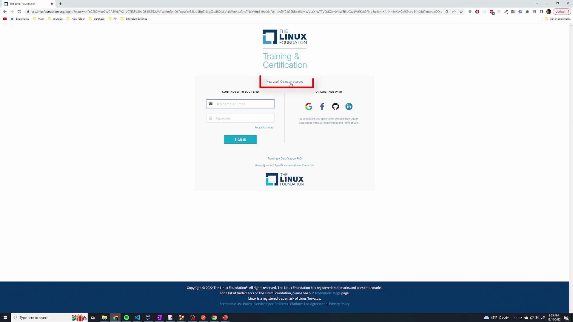 The image shows a login page for The Linux Foundation's Training & Certification, with options to sign in using email or social media accounts.