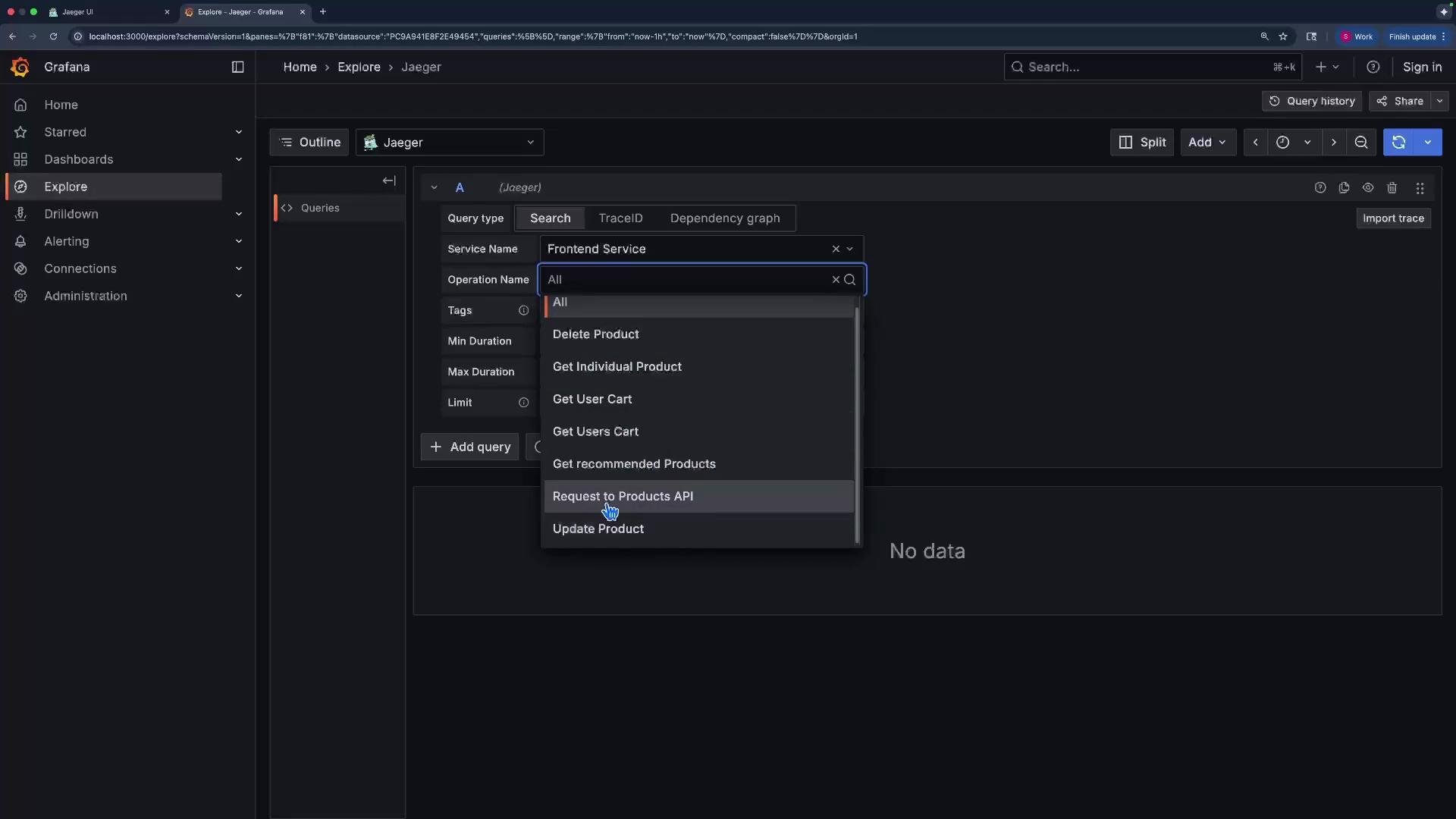 The image shows a Grafana interface with Jaeger integration, displaying an operation name dropdown for querying services like "Delete Product," "Get User Cart," and "Update Product."