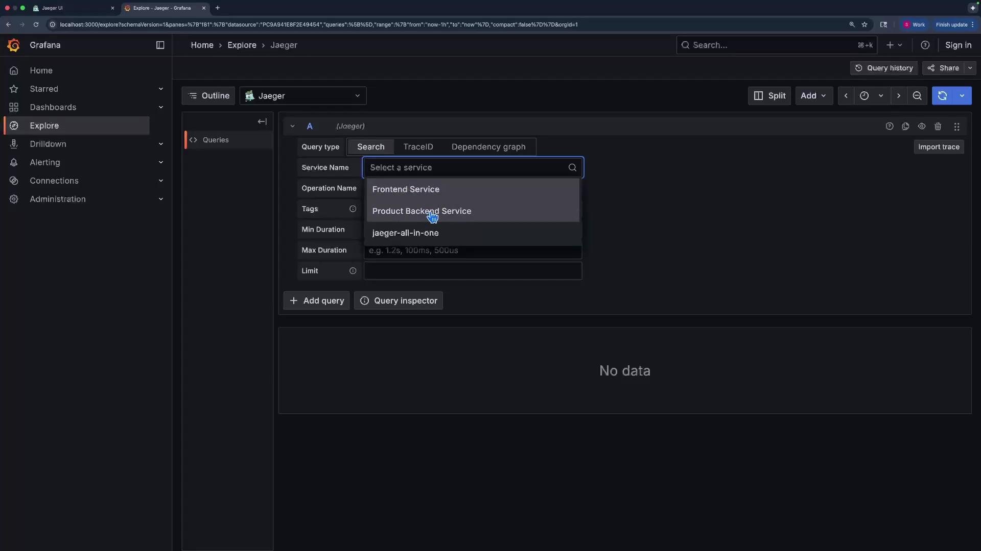 The image shows a Grafana interface with a Jaeger query panel where a service name is being selected. The user is choosing between "Frontend Service," "Product Backend Service," and "jaeger-all-in-one."