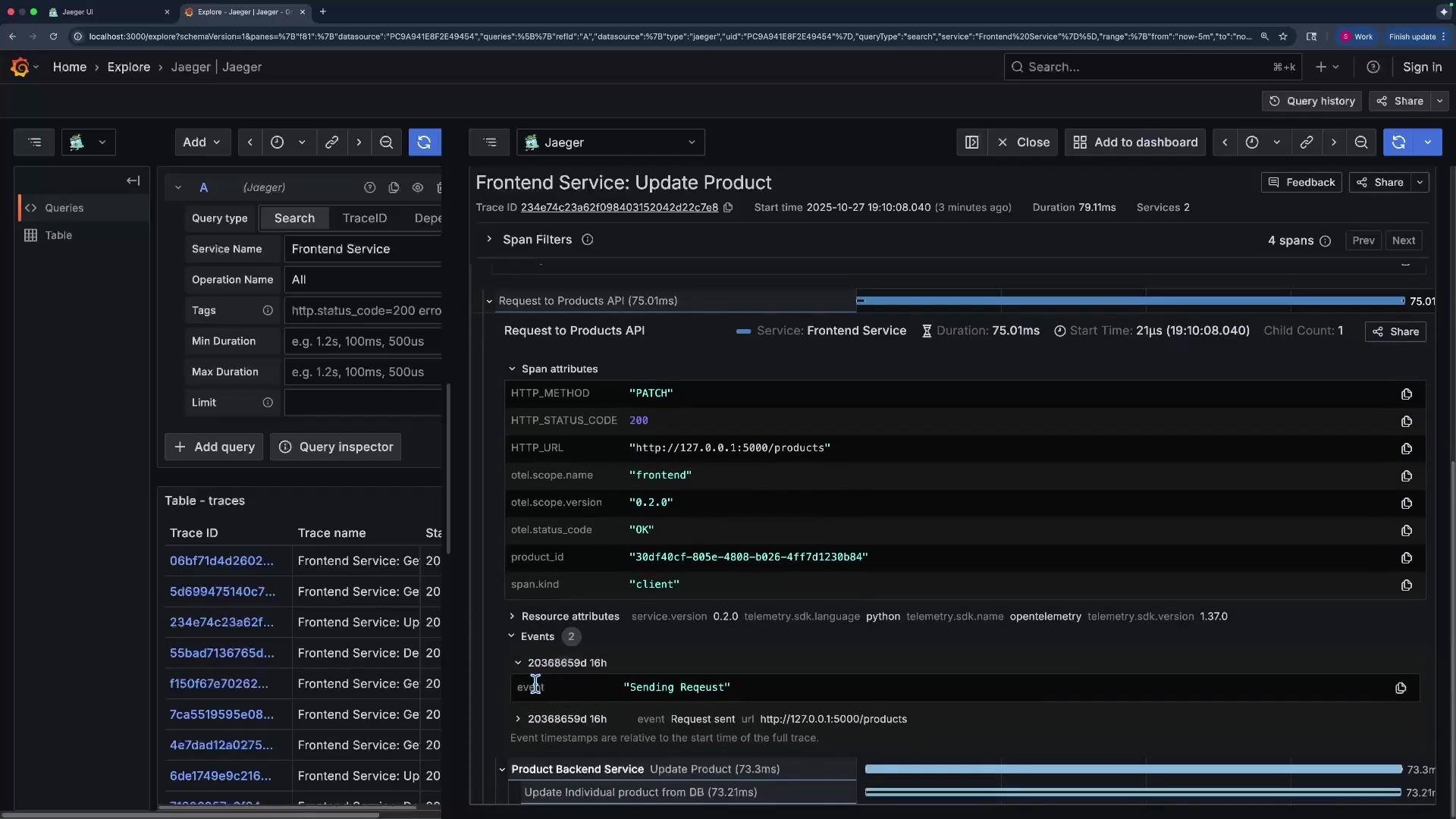 The image shows an interface from Jaeger, a distributed tracing system, displaying a trace for a "Frontend Service: Update Product" operation. It includes details like HTTP method, status code, URL, and service duration.