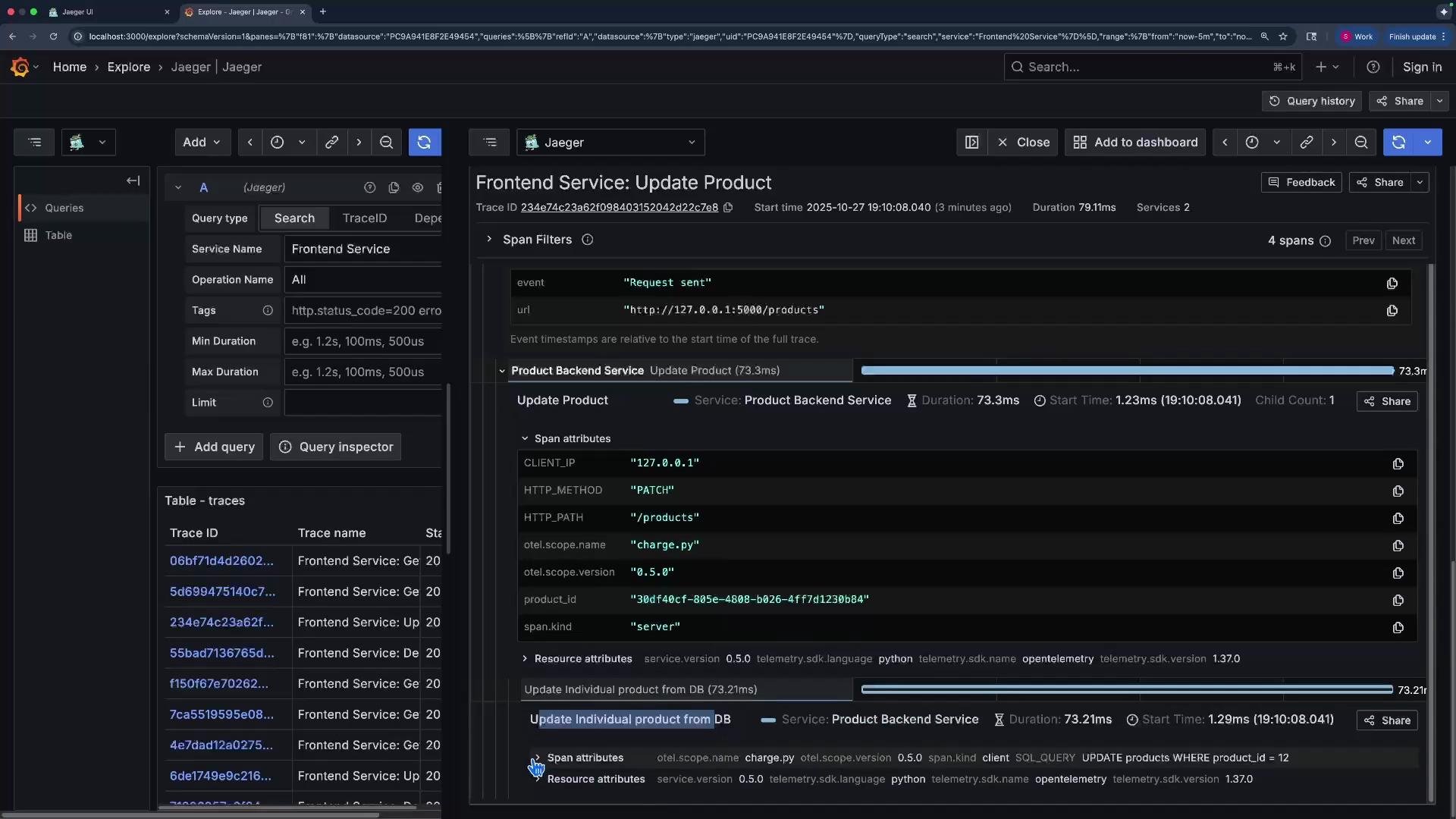 The image shows a Jaeger UI interface displaying trace details for a "Frontend Service: Update Product" operation, including span attributes such as client IP, HTTP method, and service attributes.