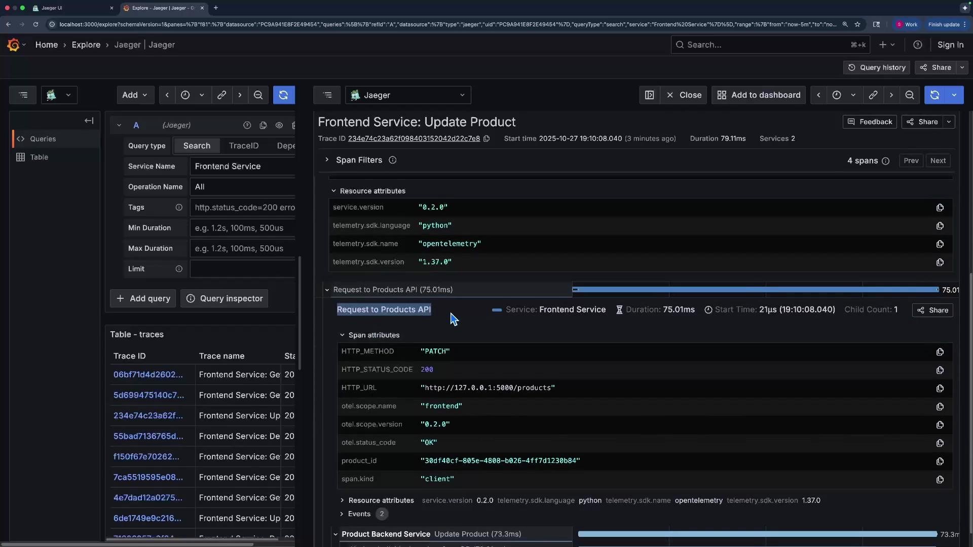 The image shows a Jaeger UI interface displaying trace details for a "Frontend Service: Update Product" operation, including span attributes like HTTP method and status code.