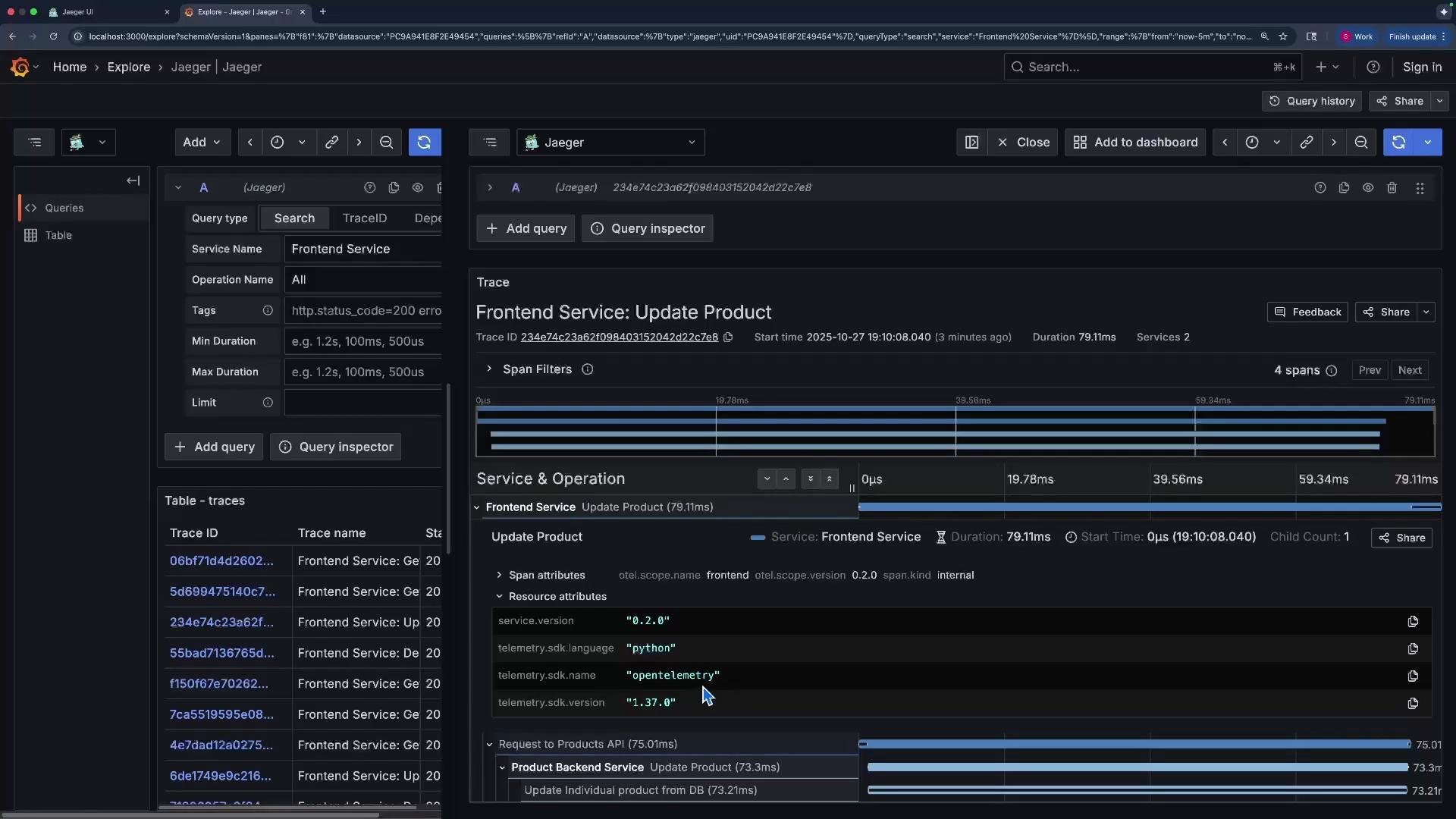 The image shows a Jaeger UI interface used for tracing operations in a "Frontend Service: Update Product" process, displaying span details and timings for various service operations.