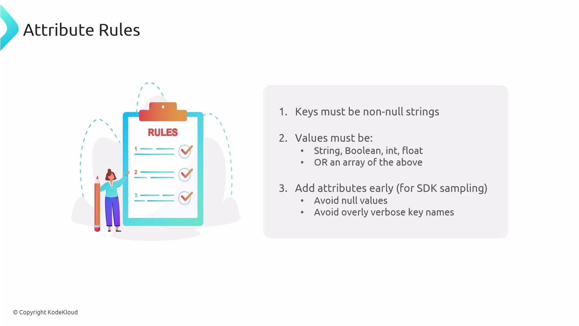 The image shows a set of attribute rules for key-value pairs, emphasizing non-null keys, specific data types for values, and guidance on adding attributes. There's also an illustration of a person standing next to a checklist.