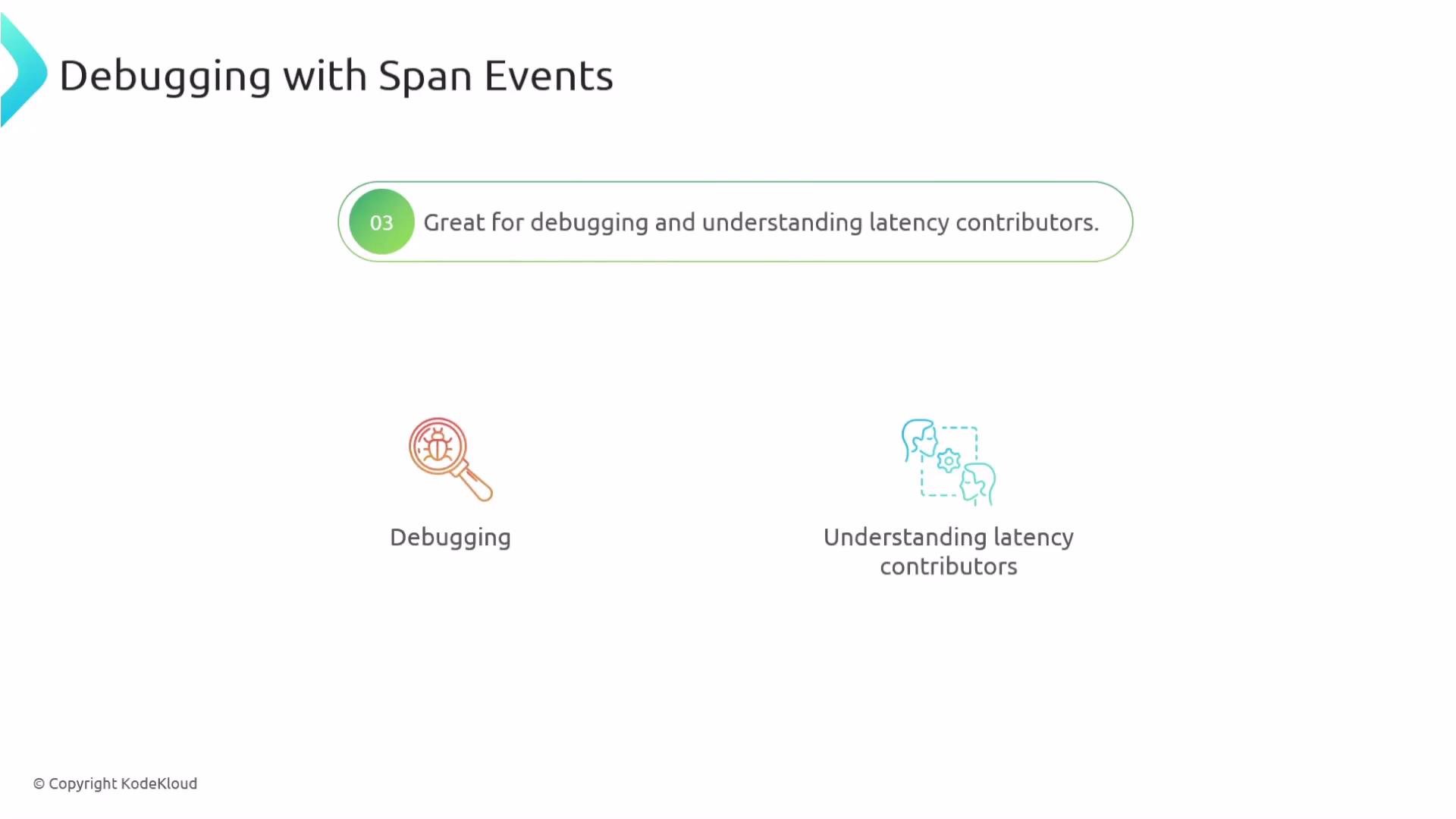 The image is a slide titled "Debugging with Span Events" with a highlighted point stating it is "Great for debugging and understanding latency contributors" and includes icons for debugging and understanding latency contributors.