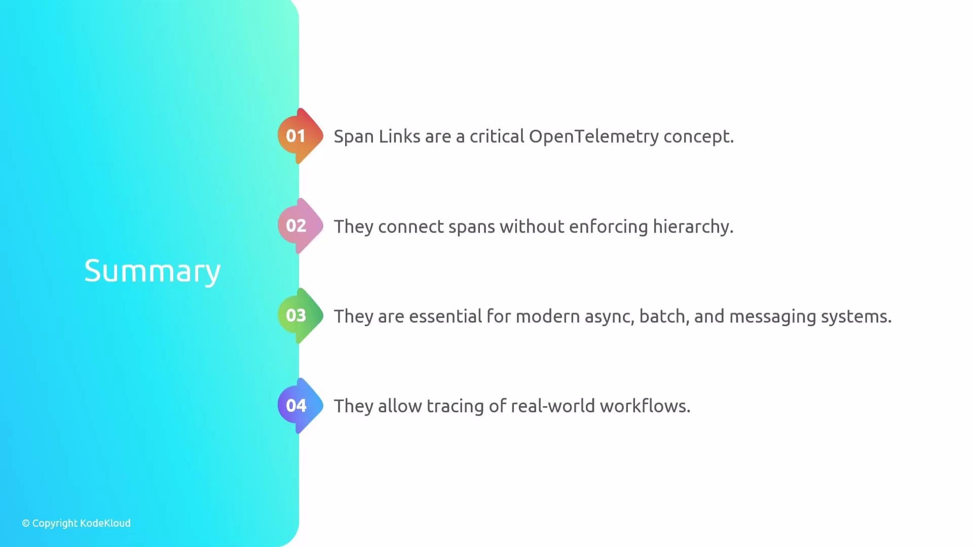 The image is a summary of points about span links in OpenTelemetry, highlighting their role in connecting spans, being crucial for async and batch systems, and allowing workflow tracing.