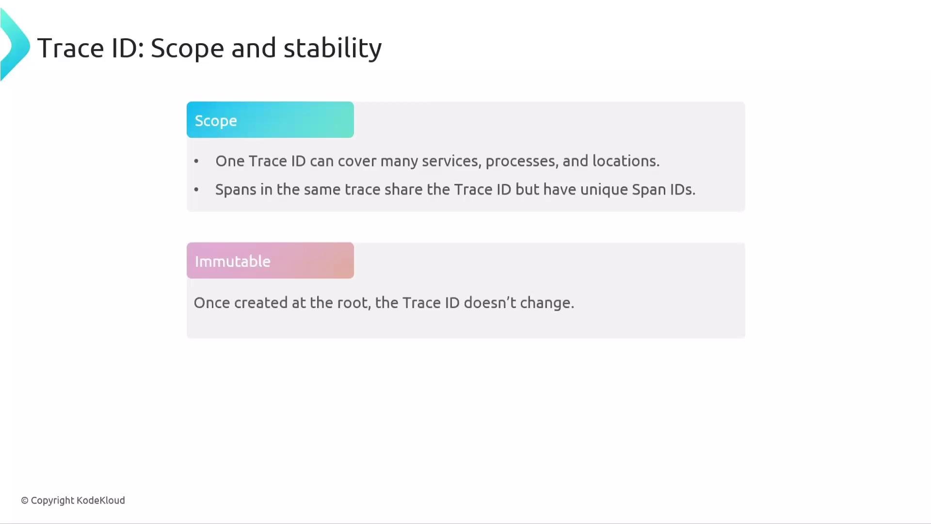 The image is a slide titled "Trace ID: Scope and stability," explaining that a Trace ID can cover multiple services and locations, and is immutable once created.