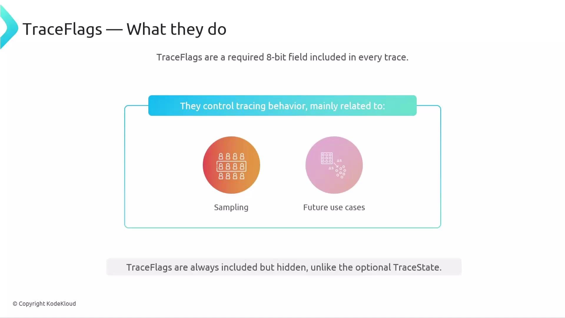 The image is an informational graphic about TraceFlags, which are 8-bit fields controlling tracing behavior related to sampling and future use cases.