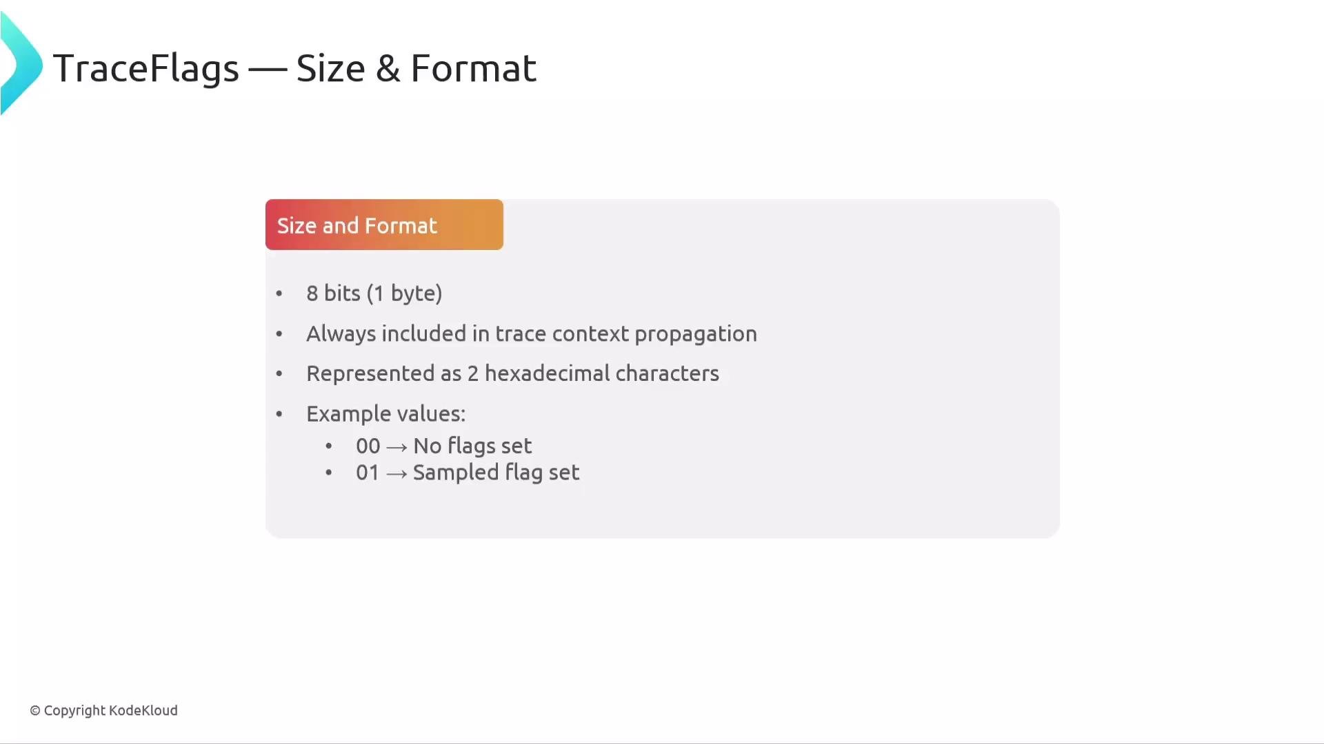 The image is a slide about "TraceFlags — Size & Format," explaining its size (8 bits), inclusion in trace context propagation, hexadecimal representation, and example values like "00" for no flags set and "01" for sampled flag set.