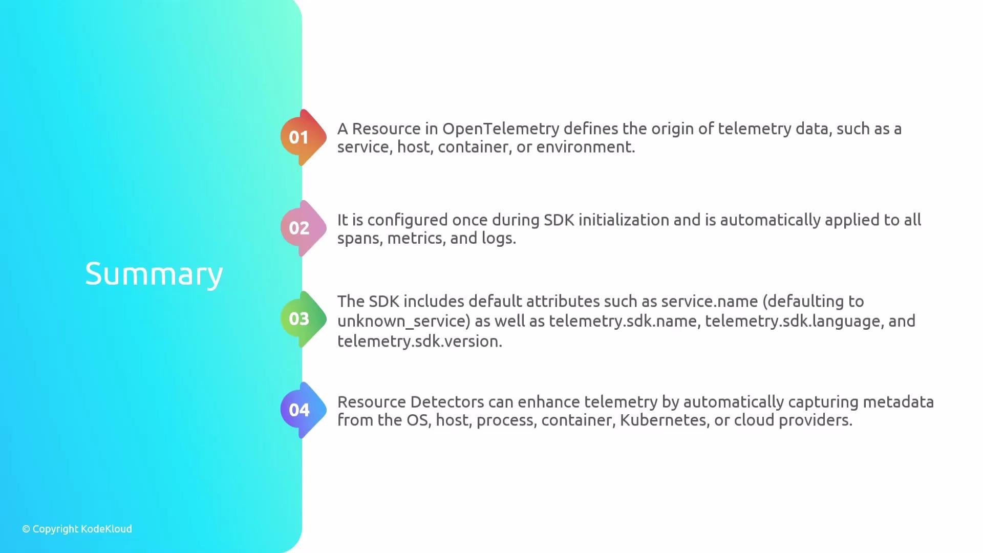 The image is a summary of OpenTelemetry resource configuration, highlighting key points about defining telemetry data origins, SDK initialization, default attributes, and resource detectors.