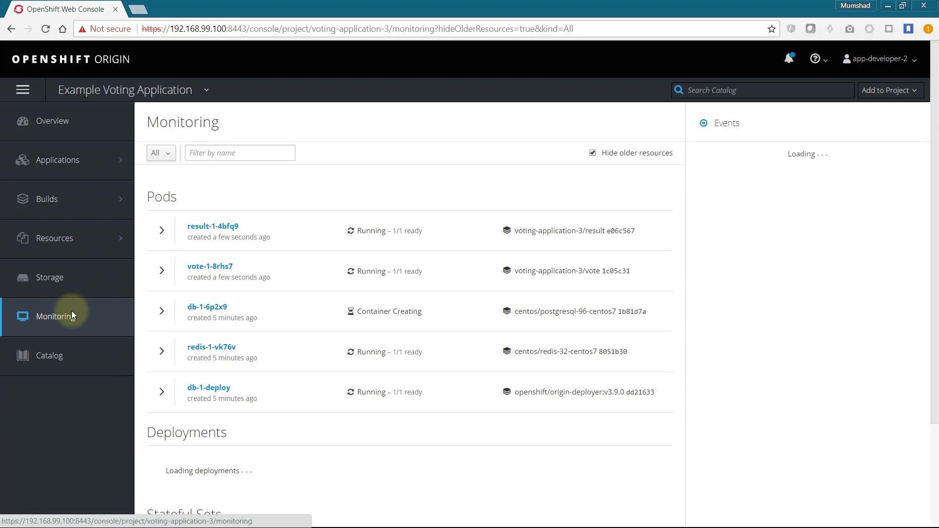 A screenshot of the OpenShift Origin web console showing the Monitoring page for an "Example Voting Application," listing pods and their statuses. The pod list includes entries like result-1, vote-1, db-1 and redis with statuses such as Running or Container Creating.