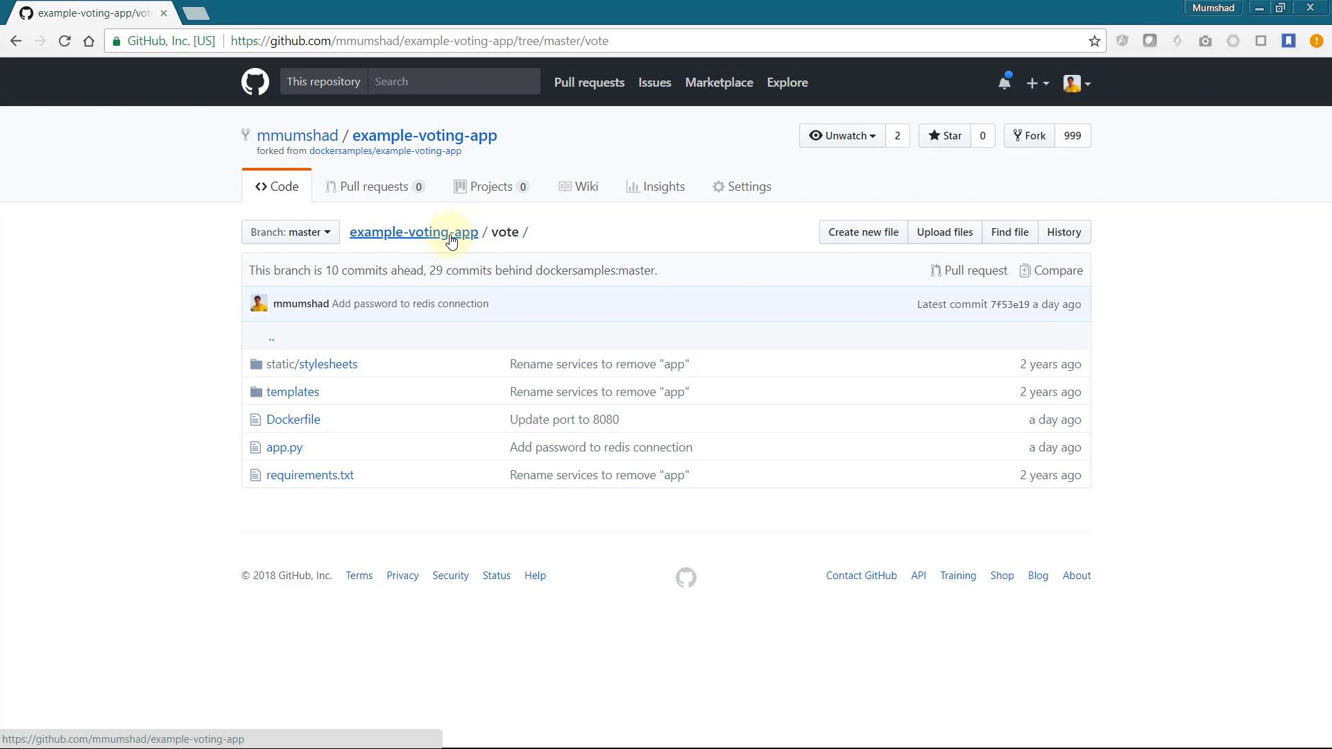 A GitHub repository page for an "example-voting-app" open in a browser. The file list shows folders (static/stylesheets, templates) and files like Dockerfile, app.py, and requirements.txt along with branch and commit info.