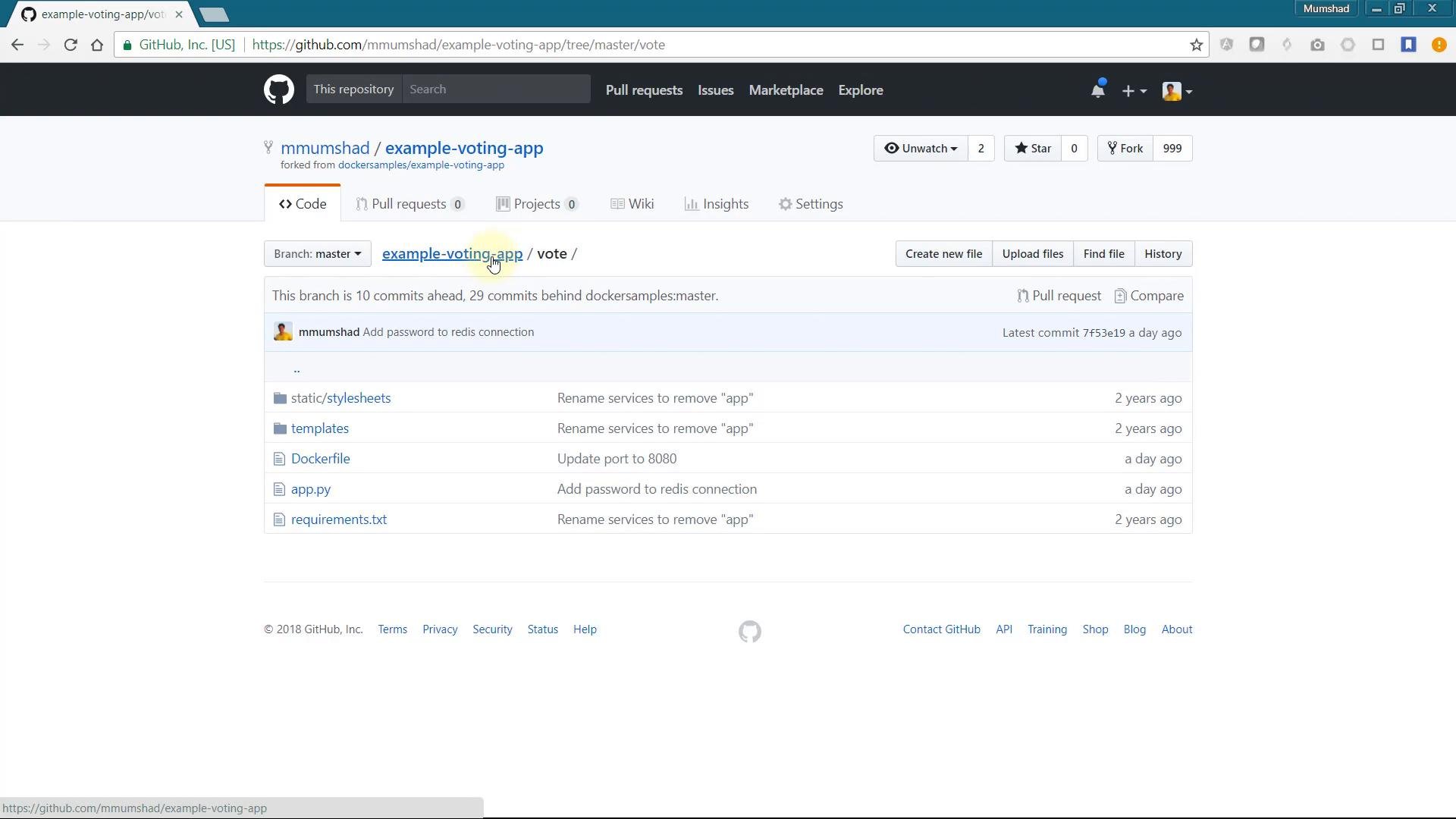 A GitHub repository page for an "example-voting-app" open in a browser. The file list shows folders (static/stylesheets, templates) and files like Dockerfile, app.py, and requirements.txt along with branch and commit info.