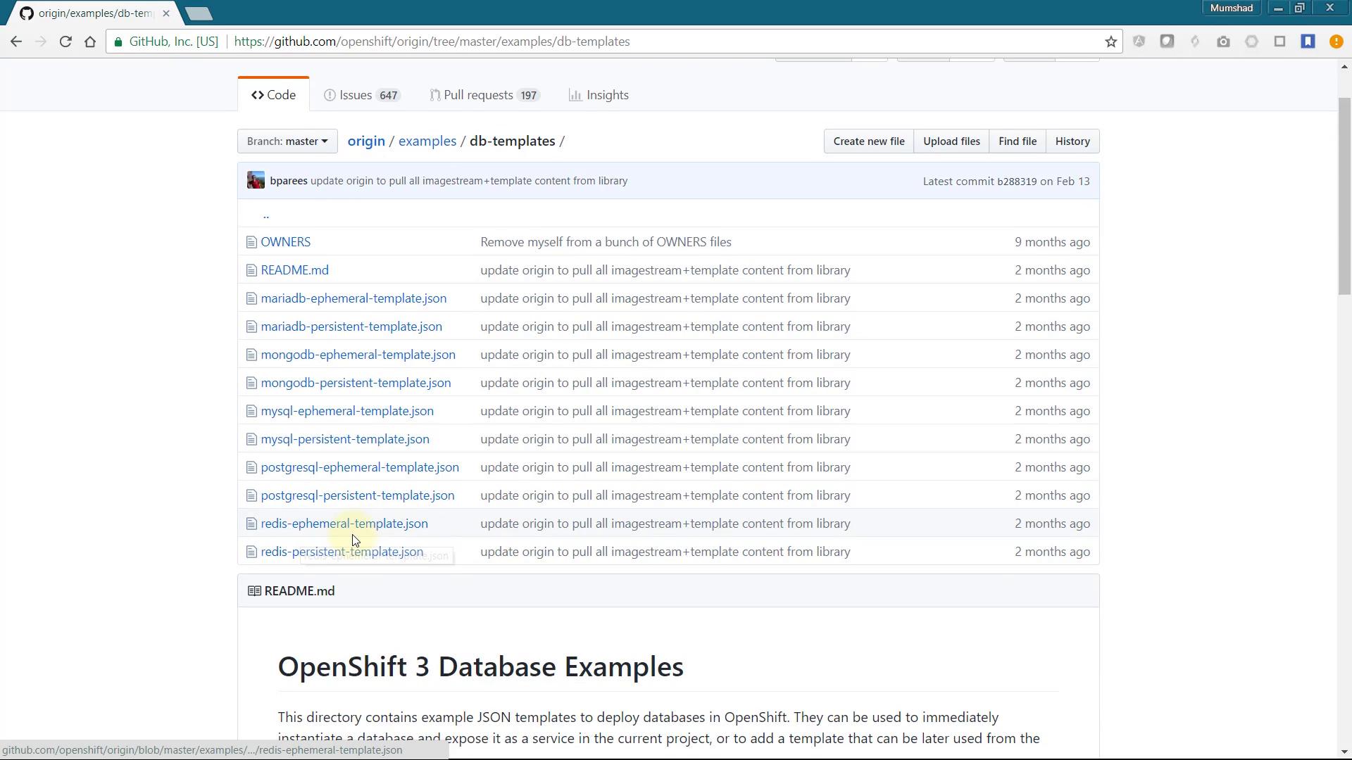 A screenshot of a GitHub repository page showing the origin/examples/db-templates directory with a list of JSON template files (mariadb, mongodb, mysql, postgresql, redis) and commit info. The lower part shows a README titled "OpenShift 3 Database Examples."