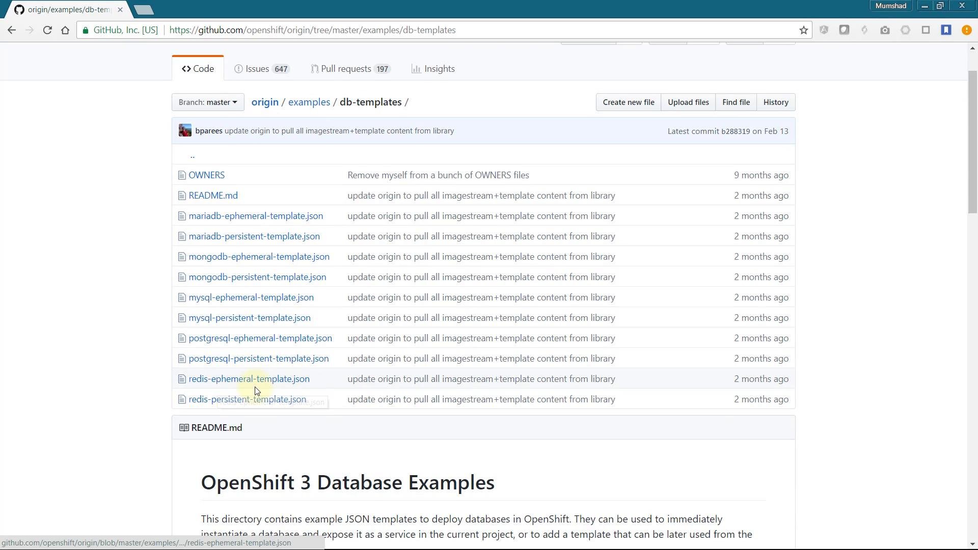 A screenshot of a GitHub repository page showing the origin/examples/db-templates directory with a list of JSON template files (mariadb, mongodb, mysql, postgresql, redis) and commit info. The lower part shows a README titled "OpenShift 3 Database Examples."