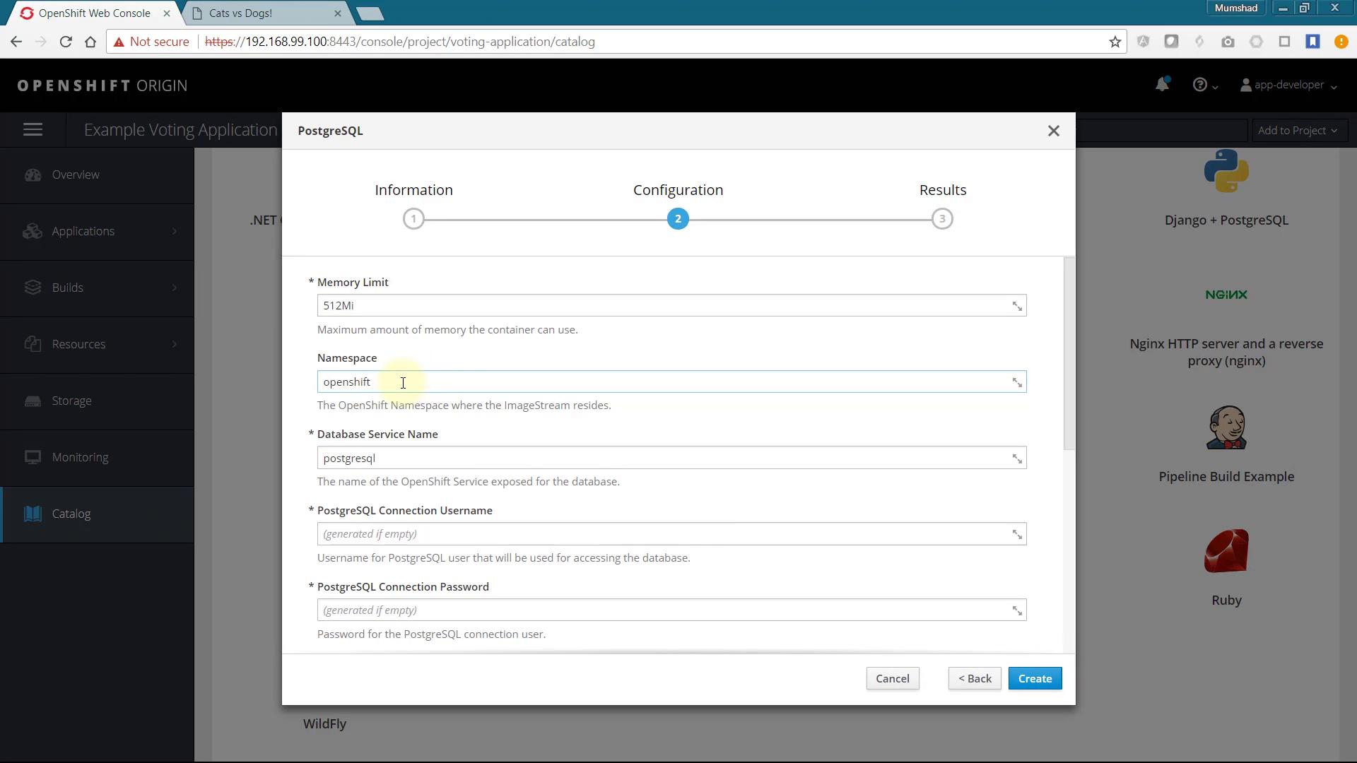A screenshot of the OpenShift Origin web console showing a PostgreSQL configuration dialog (step 2 of 3) with fields like Memory Limit, Namespace and Database Service Name. The left sidebar shows project navigation and the right side displays catalog items (Django, Nginx, Ruby, etc.).