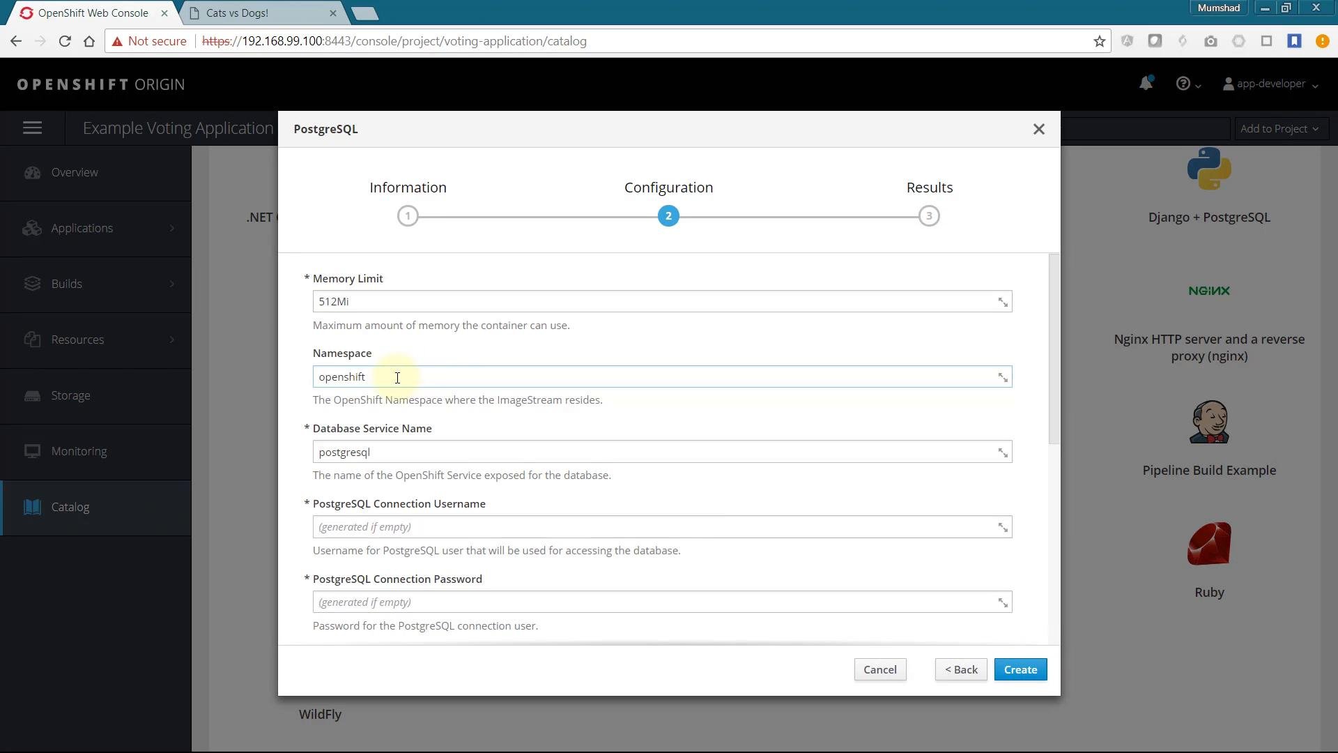 A screenshot of the OpenShift Origin web console showing a PostgreSQL configuration dialog (step 2 of 3) with fields like Memory Limit, Namespace and Database Service Name. The left sidebar shows project navigation and the right side displays catalog items (Django, Nginx, Ruby, etc.).