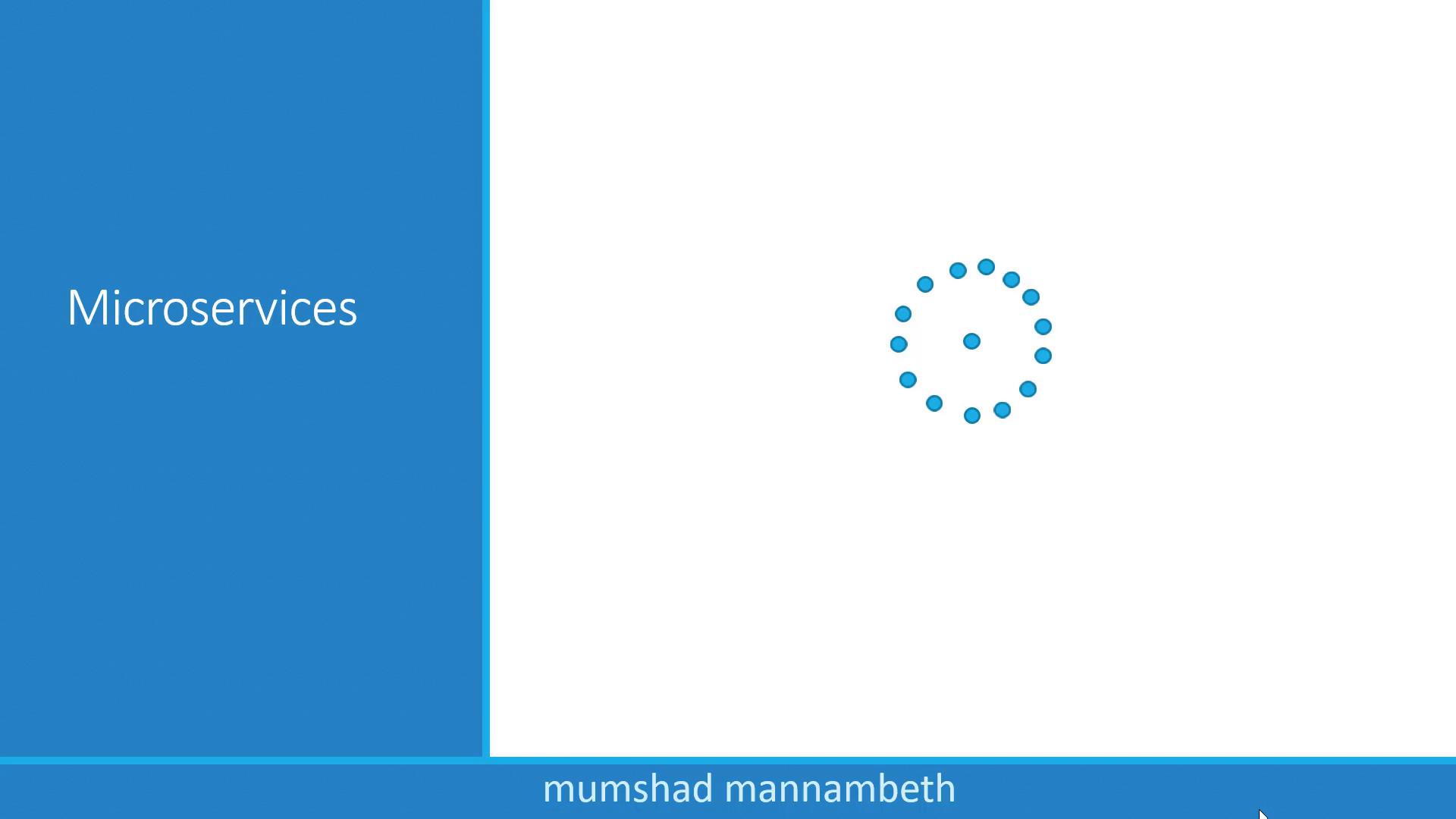 A blue presentation slide with the title "Microservices" on the left. On the right is a circular ring of blue dots like a loading icon, with a small footer showing a presenter's name.