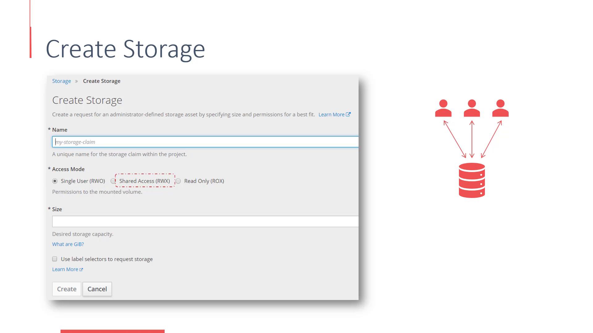 A screenshot of a "Create Storage" form showing fields for name, access mode (Single User / Shared Access / Read Only) and size. To the right is a red icon illustrating three users connecting to a shared storage volume.